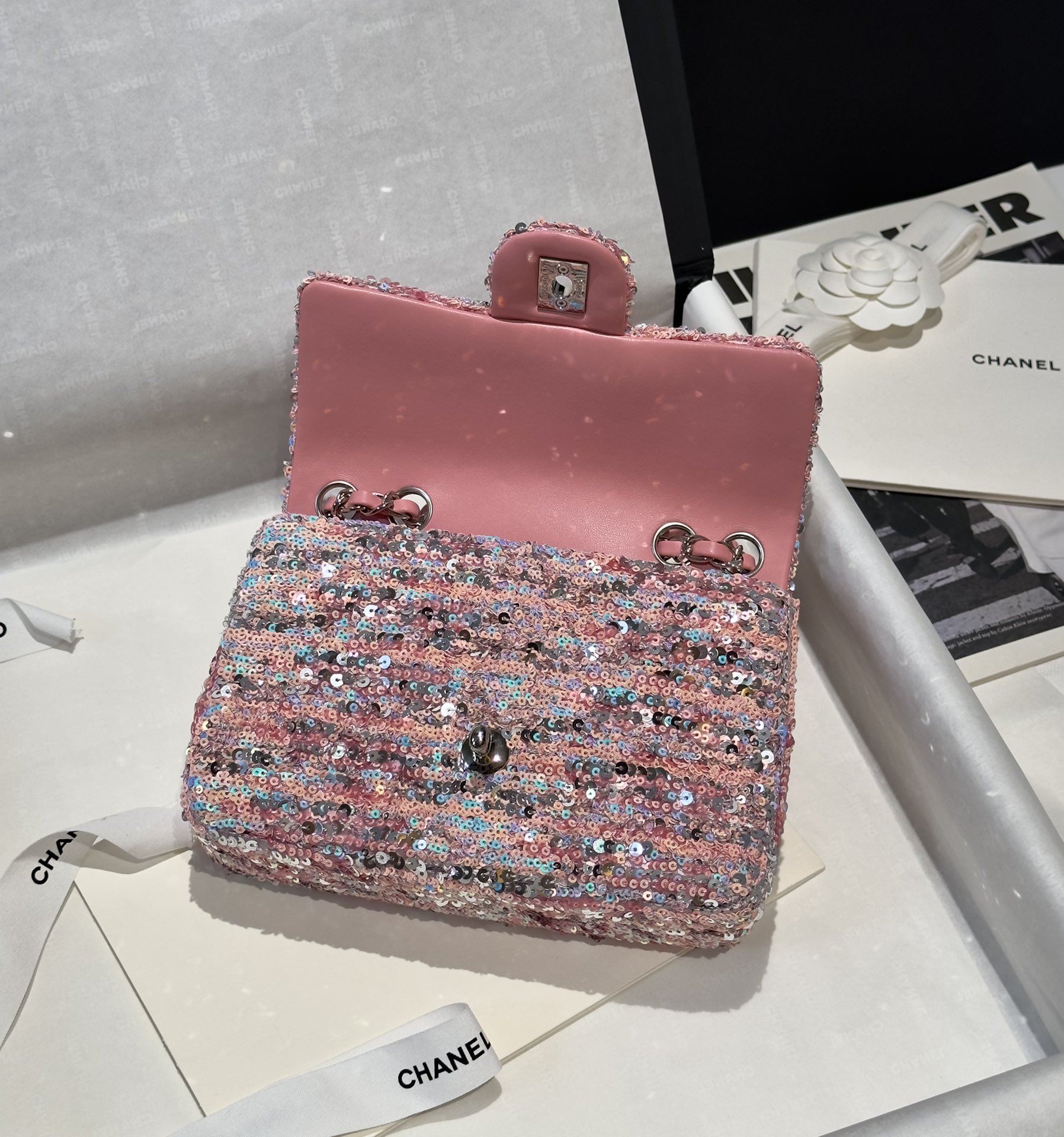 Bagsaaa Ch**el Small Flap Bag Sequins Pink & Silver - 20cm