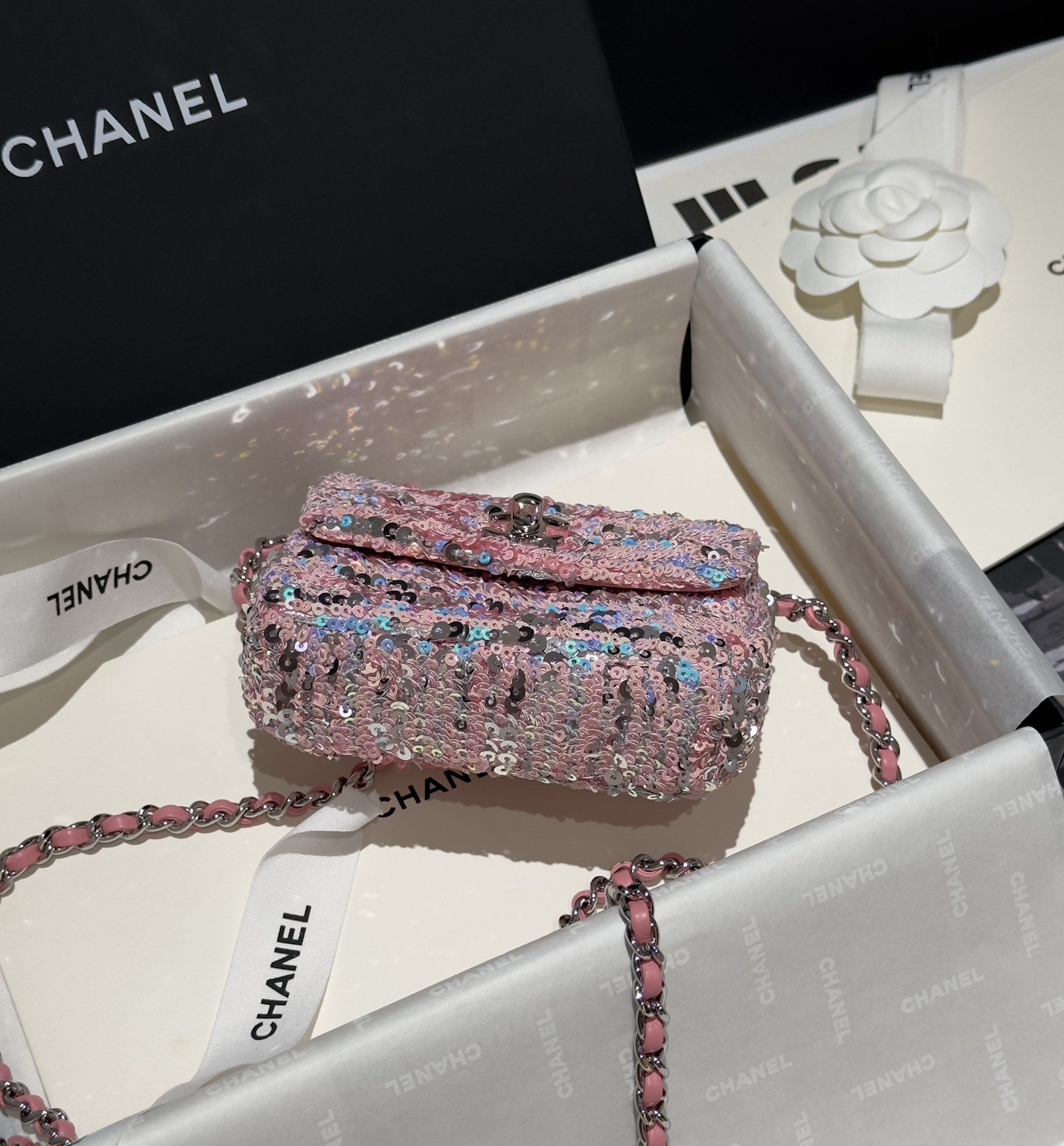Bagsaaa Ch**el Mini Flap Bag Sequins Pink & Silver - 13x10cm