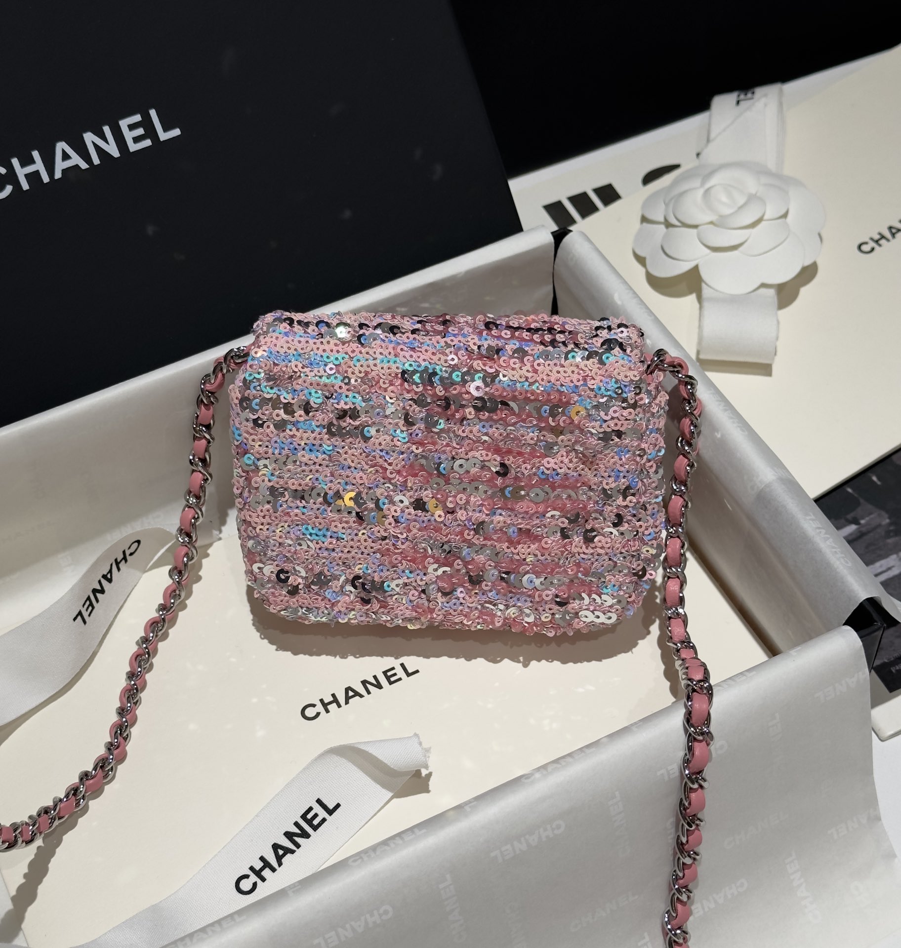 Bagsaaa Ch**el Mini Flap Bag Sequins Pink & Silver - 13x10cm