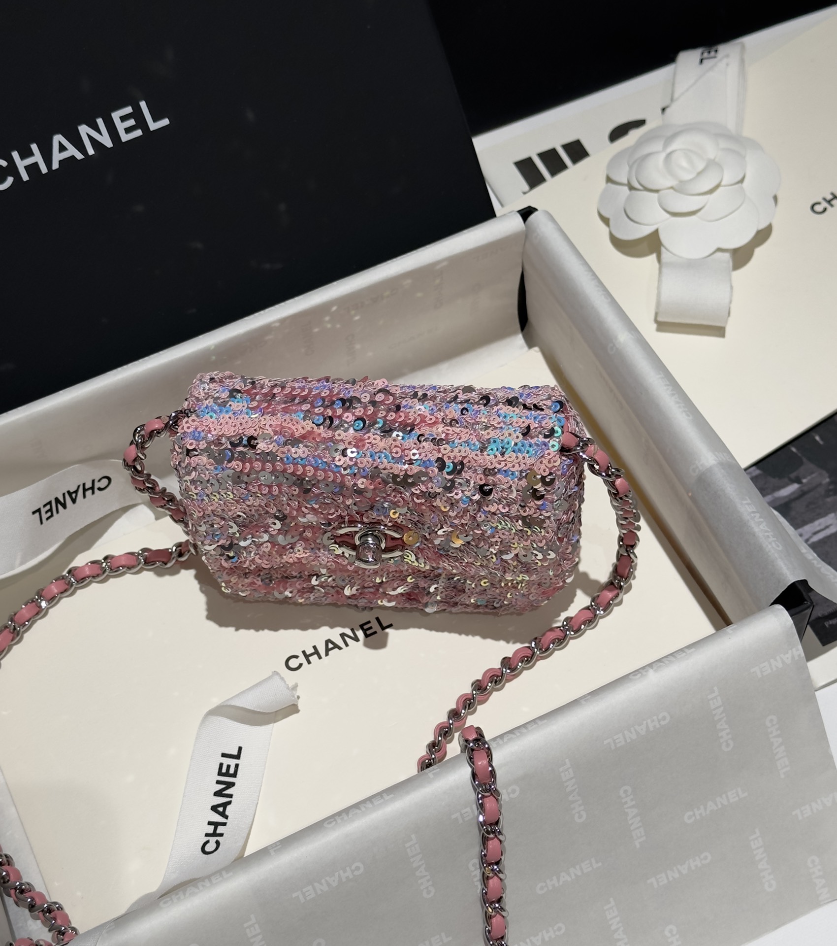 Bagsaaa Ch**el Mini Flap Bag Sequins Pink & Silver - 13x10cm