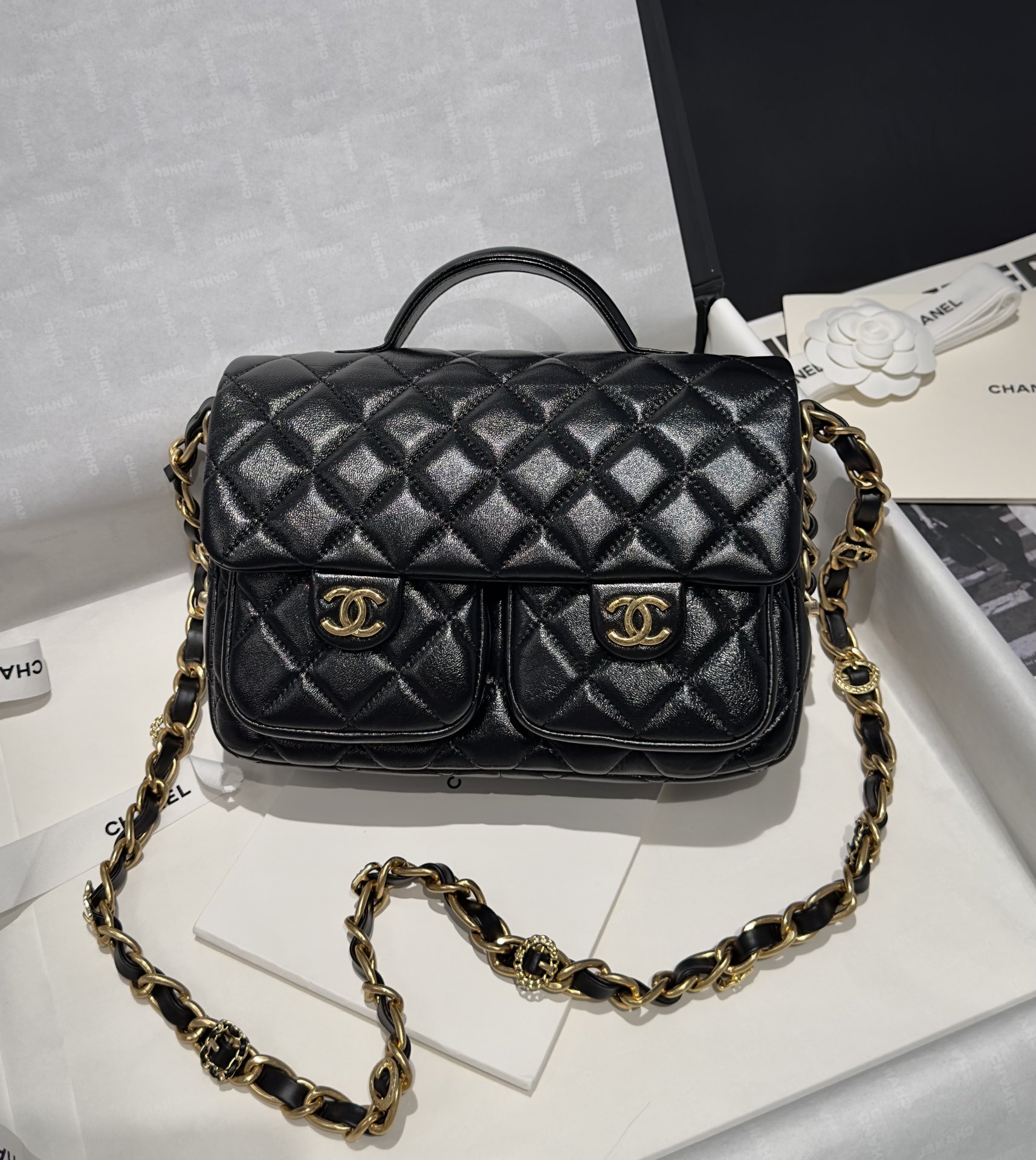 Bagsaaa Ch**el Double Pocket Black Bag - 24x15x6.5cm