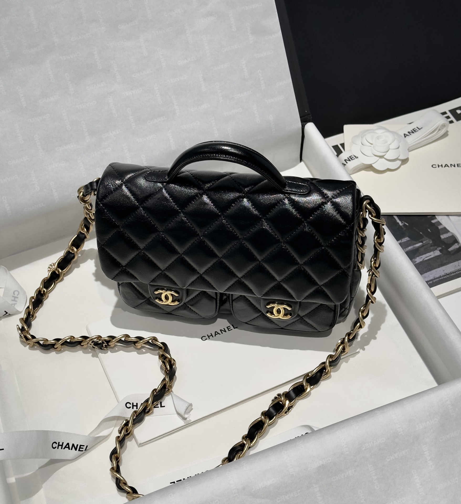 Bagsaaa Ch**el Double Pocket Black Bag - 24x15x6.5cm