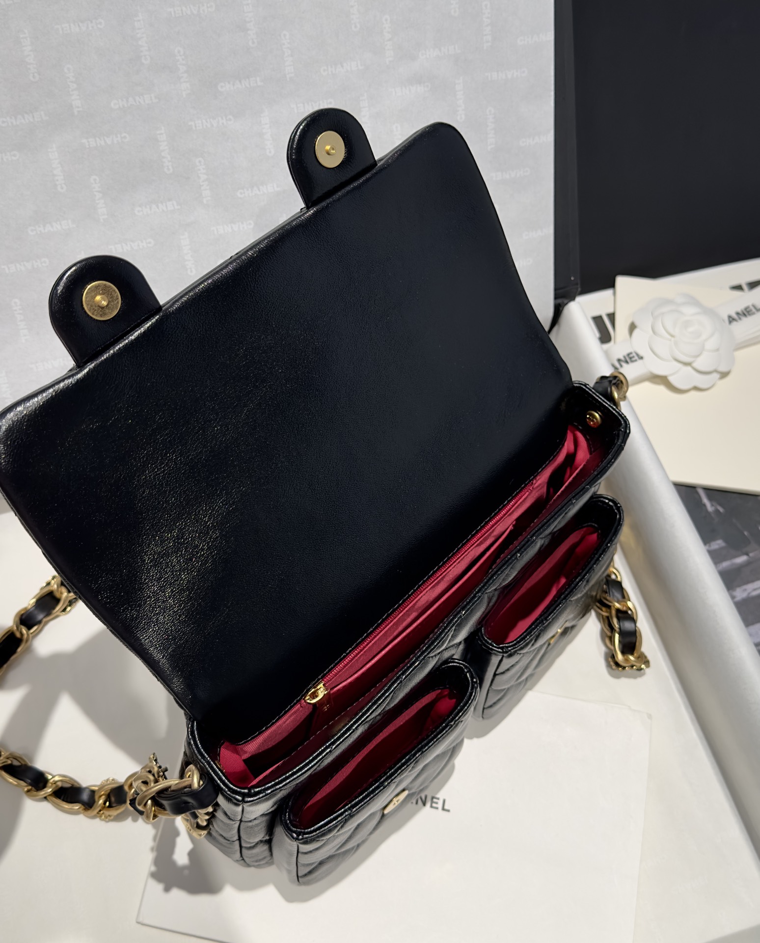 Bagsaaa Ch**el Double Pocket Black Bag - 24x15x6.5cm