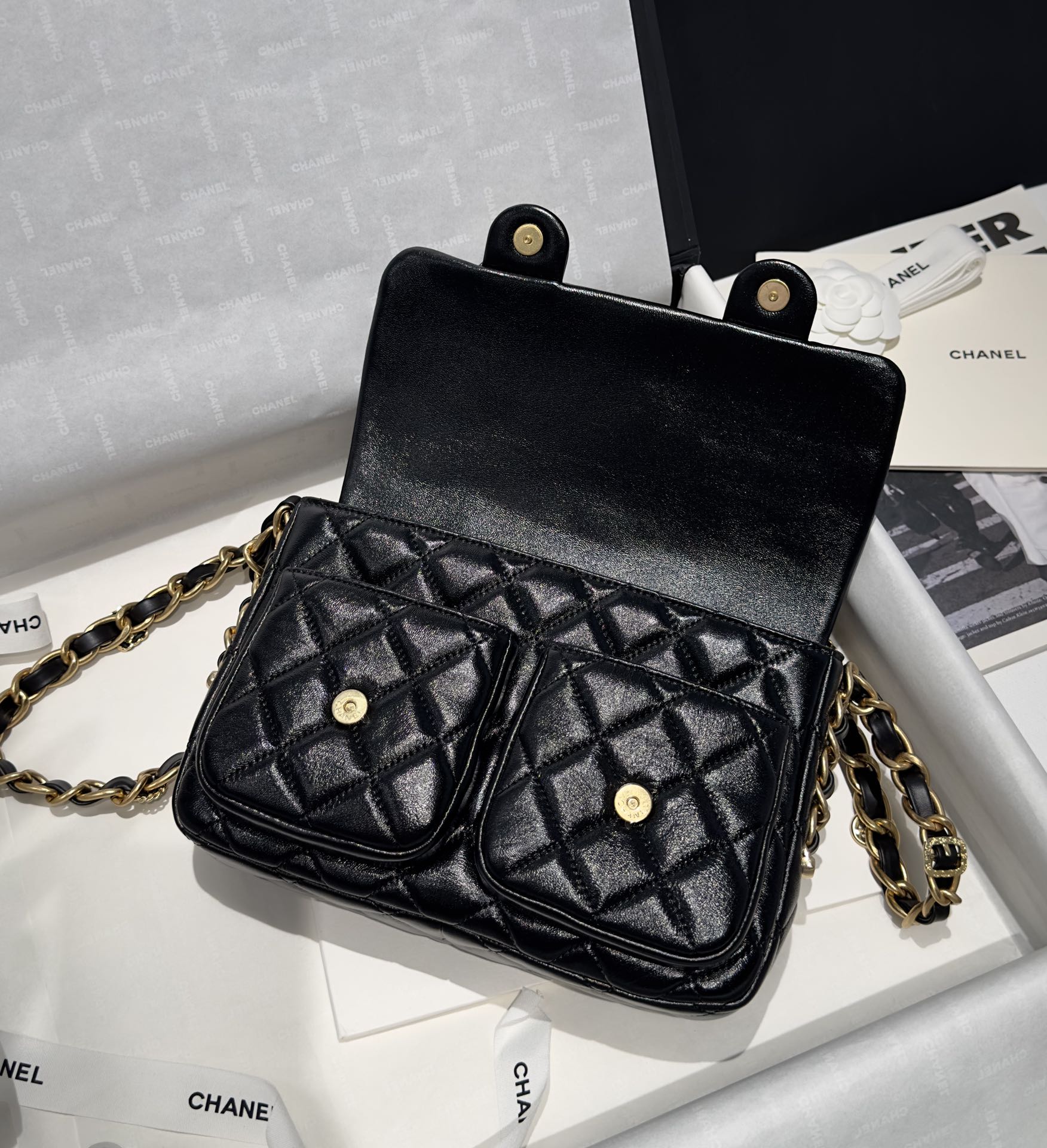 Bagsaaa Ch**el Double Pocket Black Bag - 24x15x6.5cm