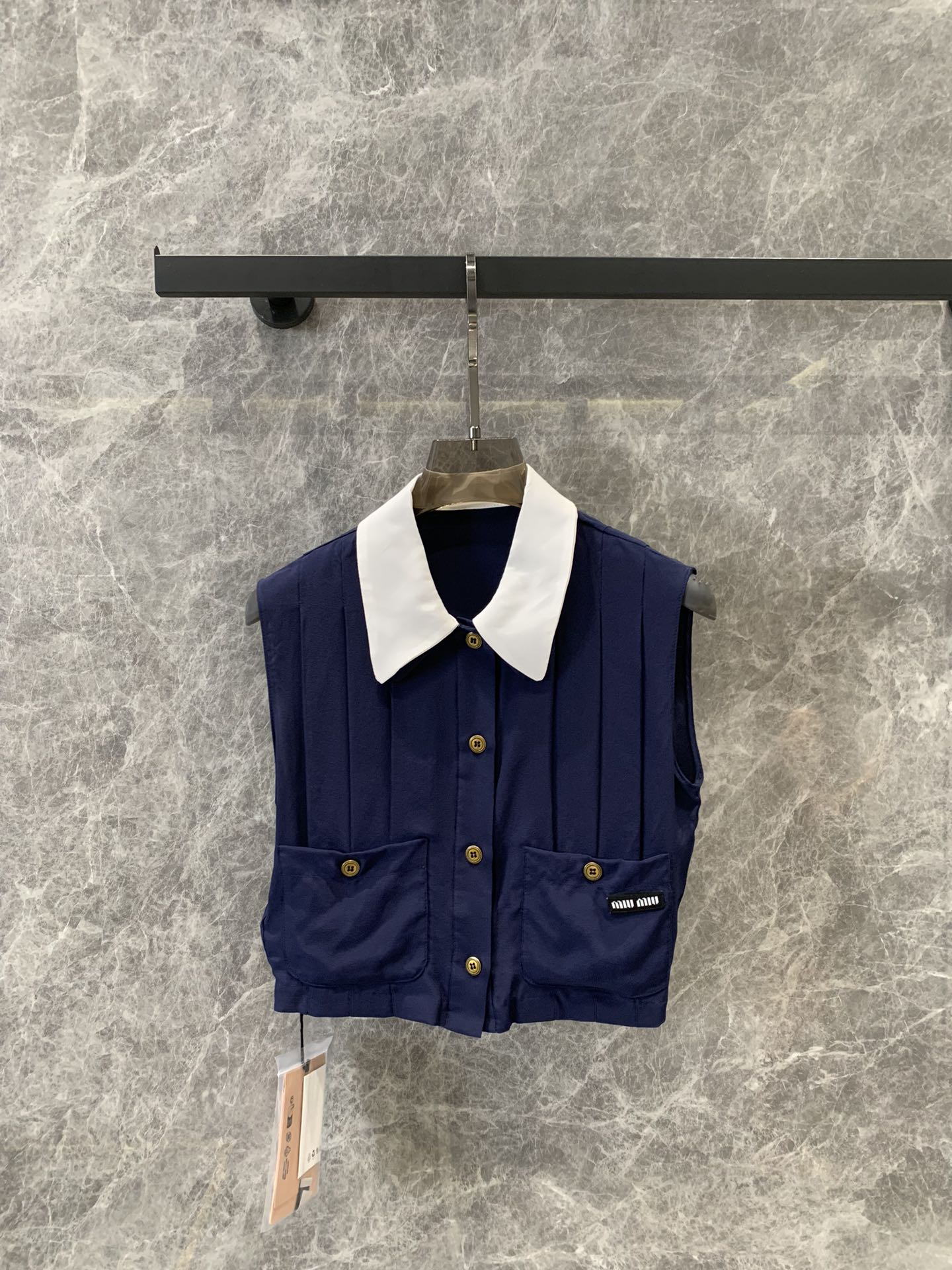 Bagsaaa M1um1u Pleated Marocain Top Navy Blue