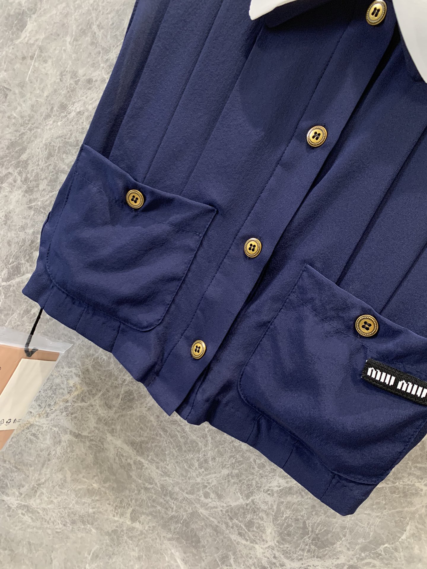 Bagsaaa M1um1u Pleated Marocain Top Navy Blue