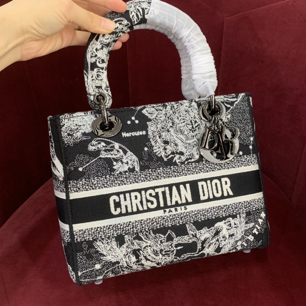 Bagsaaa D10r Medium Lady D-Lite Bag Black Toile de Jouy Zodiac Embroidery - 24 x 21 x 12 cm