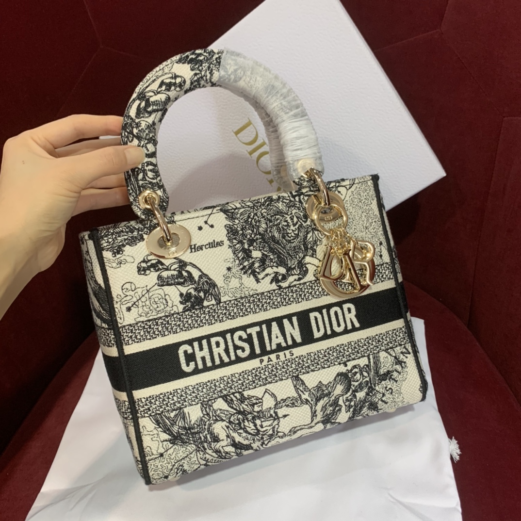 Bagsaaa D10r Medium Lady D-Lite Bag Latte and Black Toile de Jouy Zodiac Embroidery - 24 x 21 x 12 cm