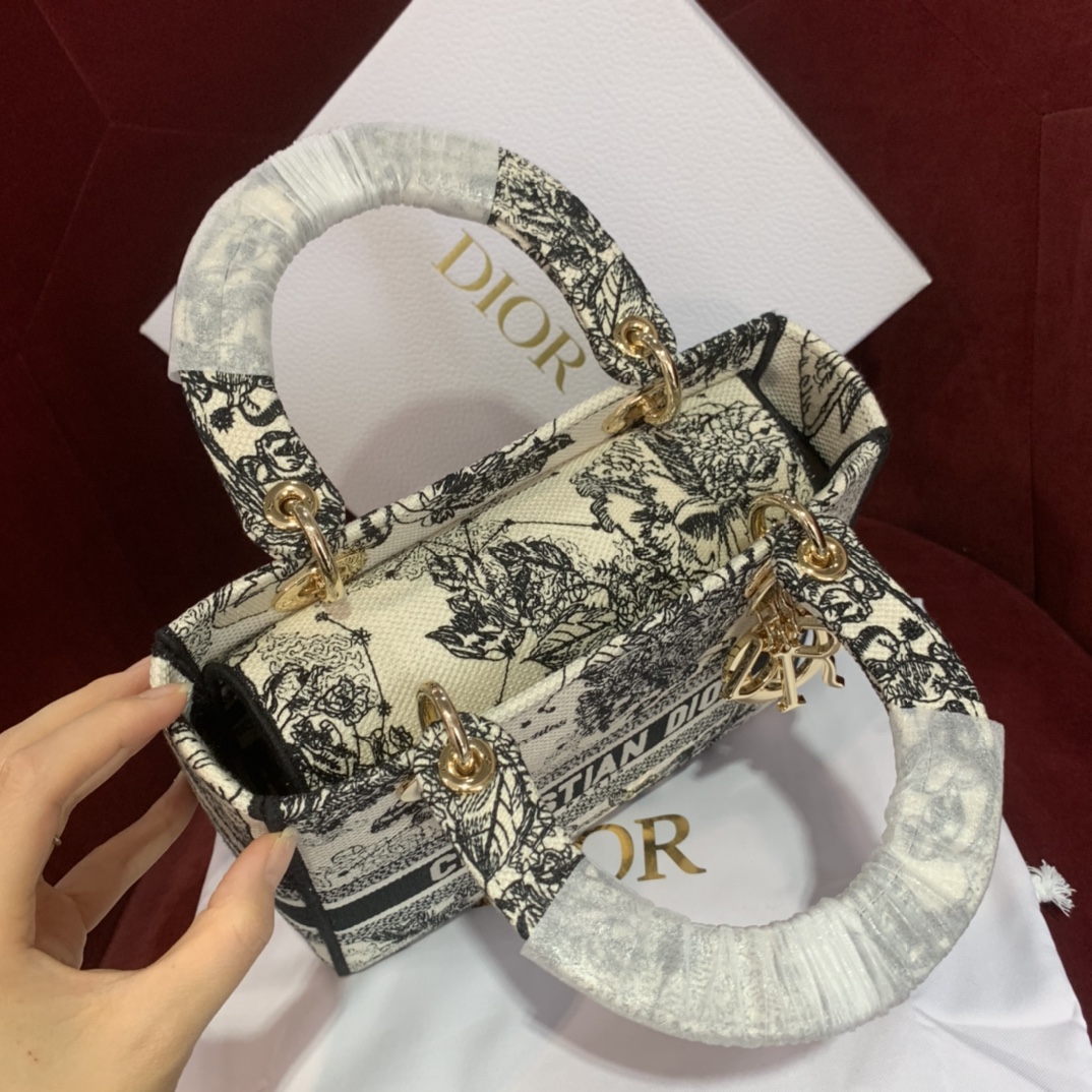 Bagsaaa D10r Medium Lady D-Lite Bag Latte and Black Toile de Jouy Zodiac Embroidery - 24 x 21 x 12 cm