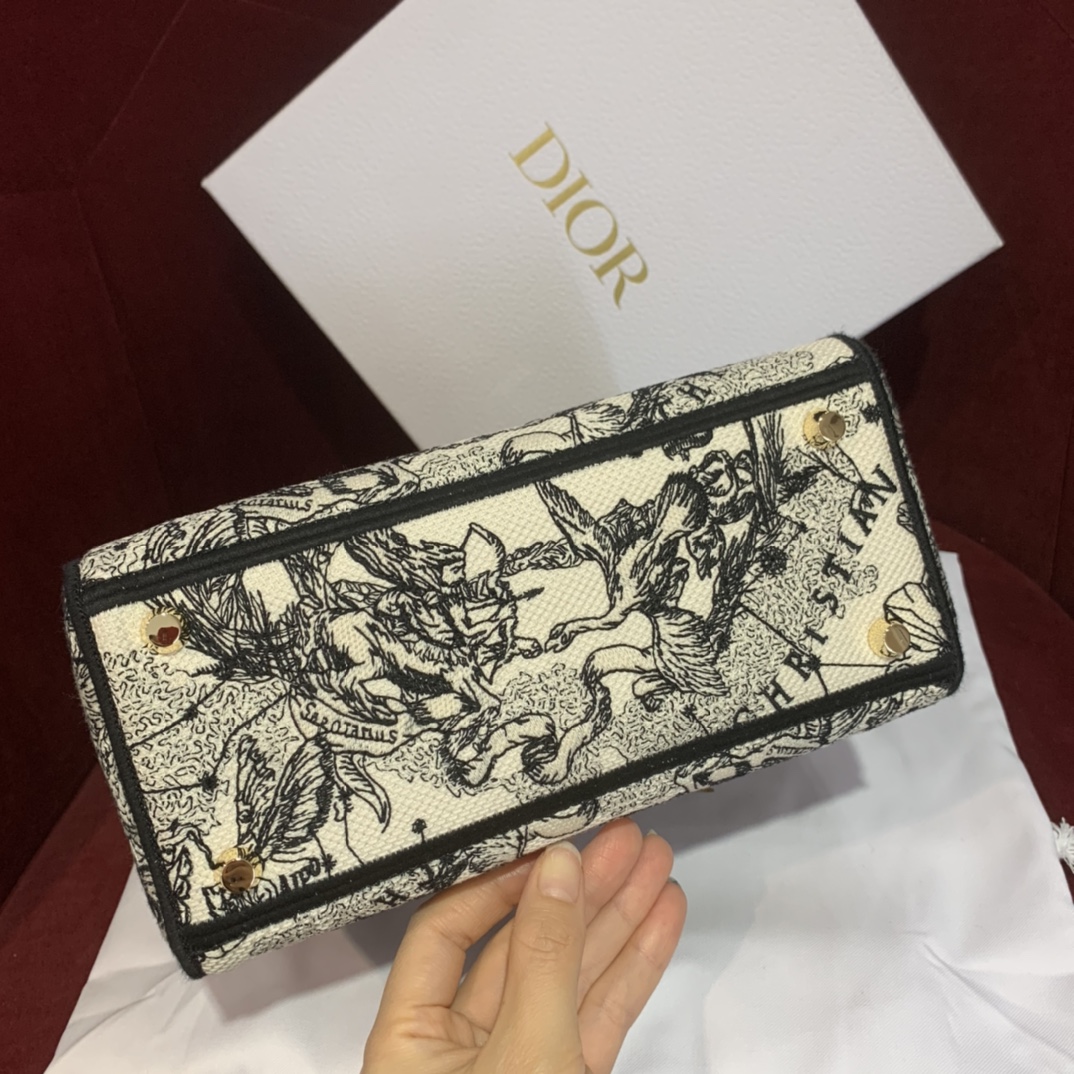 Bagsaaa D10r Medium Lady D-Lite Bag Latte and Black Toile de Jouy Zodiac Embroidery - 24 x 21 x 12 cm