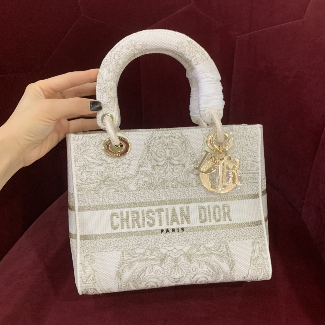 Bagsaaa D10r Lady D-Lite White Gold Canvas Around The World - 24cm