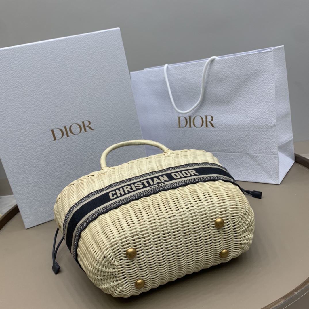Bagsaaa D10r Hat Basket Bag Natural Wicker and Blue D10r Oblique Jacquard - 35 x 20.5 x 11 cm