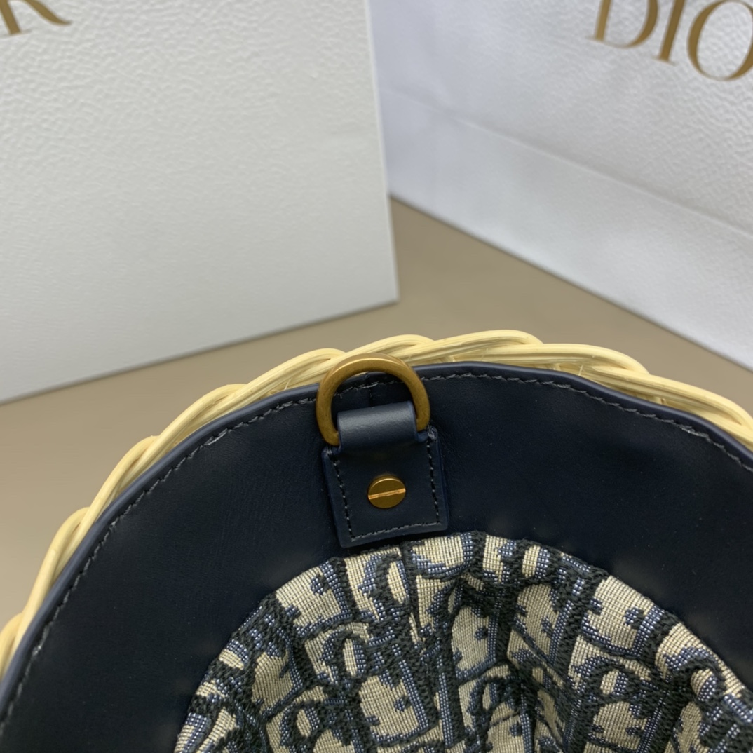 Bagsaaa D10r Hat Basket Bag Natural Wicker and Blue D10r Oblique Jacquard - 35 x 20.5 x 11 cm