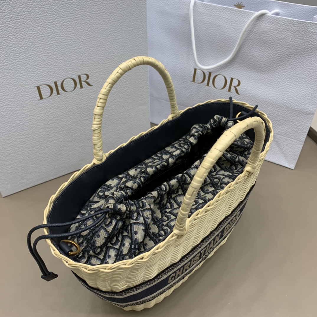 Bagsaaa D10r Hat Basket Bag Natural Wicker and Blue D10r Oblique Jacquard - 35 x 20.5 x 11 cm
