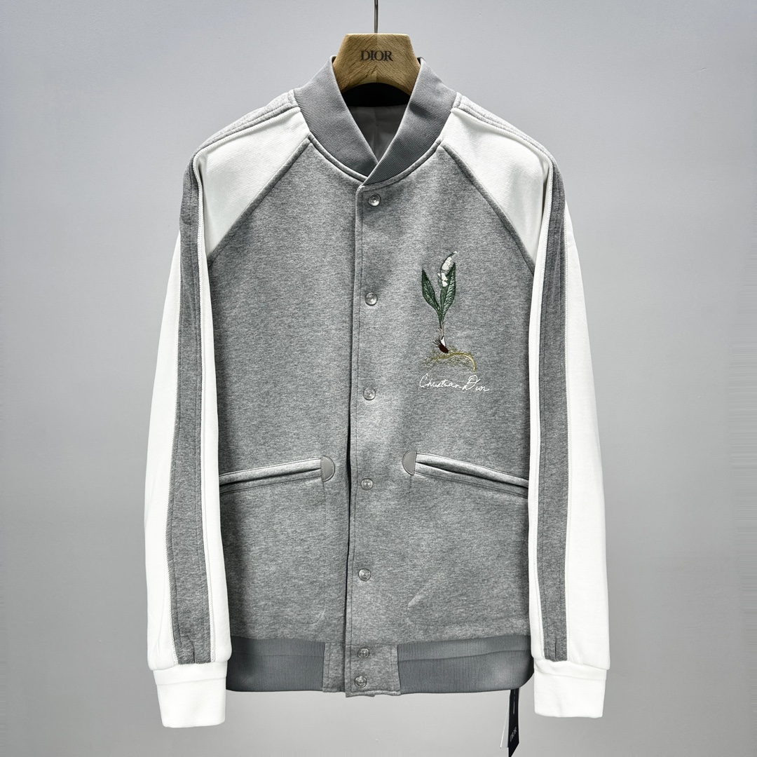 Bagsaaa D10r Lily of the Valley Varsity Jacket Gray Cotton Fleece