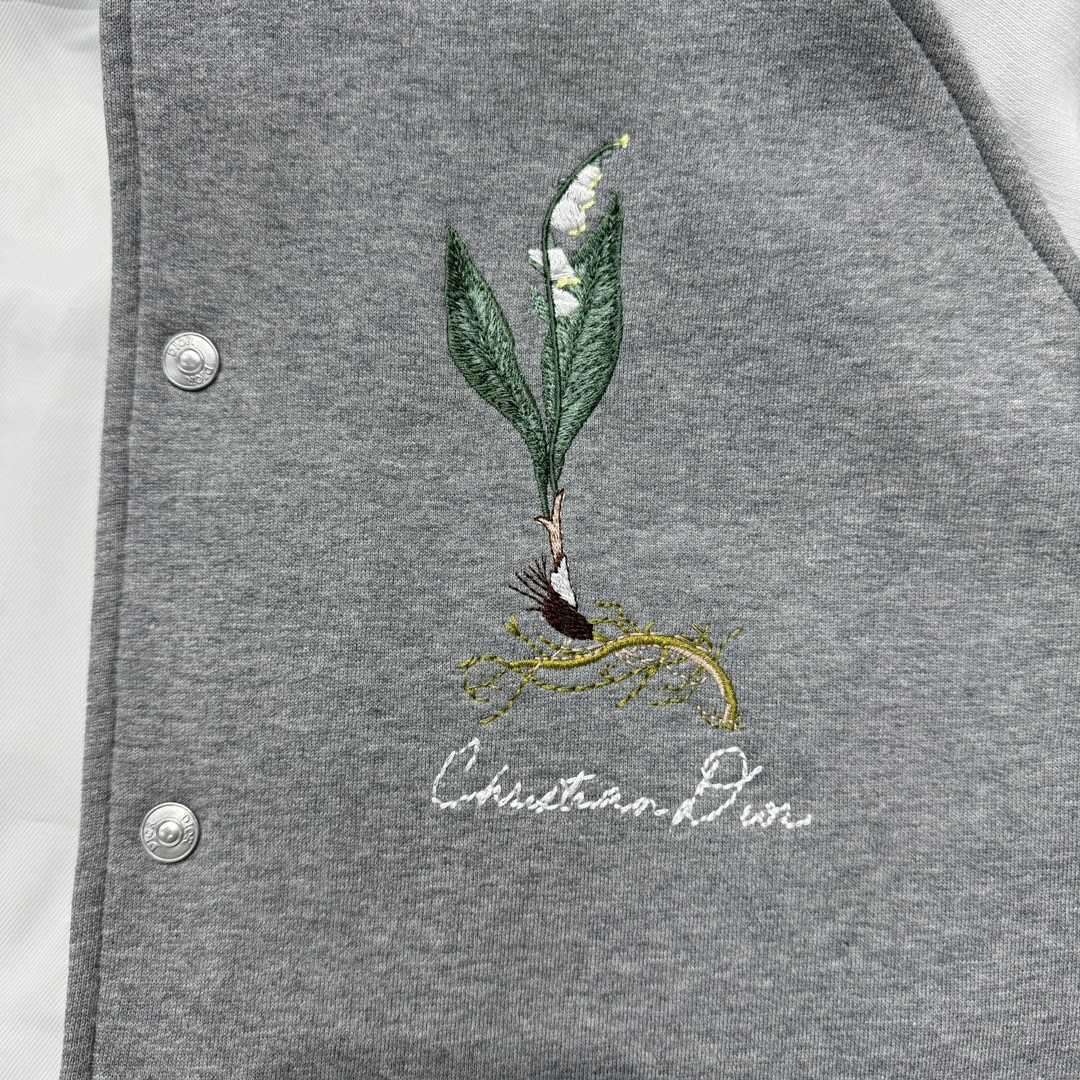 Bagsaaa D10r Lily of the Valley Varsity Jacket Gray Cotton Fleece