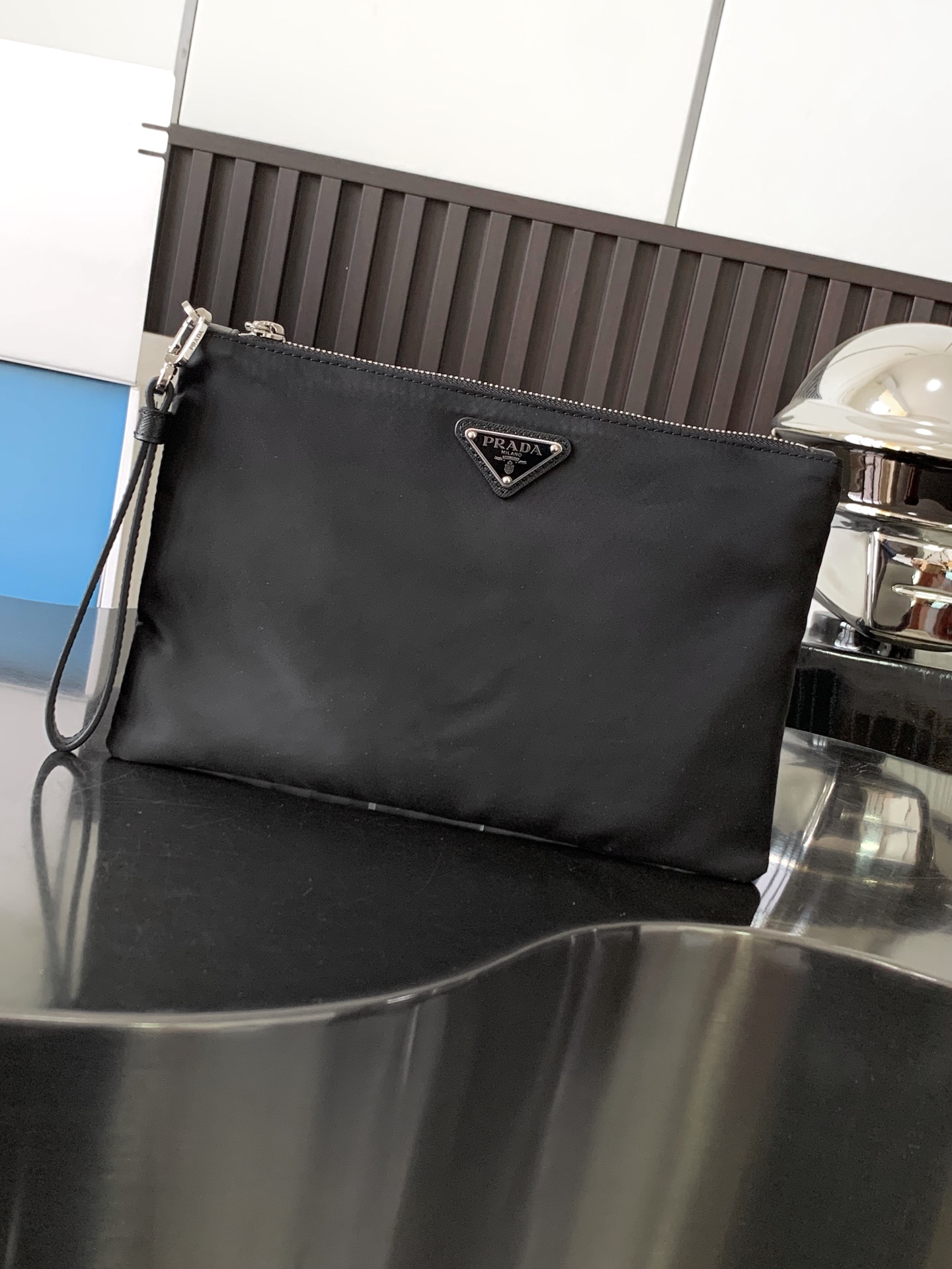 Bagsaaa Pra*a Re-Nylon and Saffiano leather pouch black - 28x18 cm