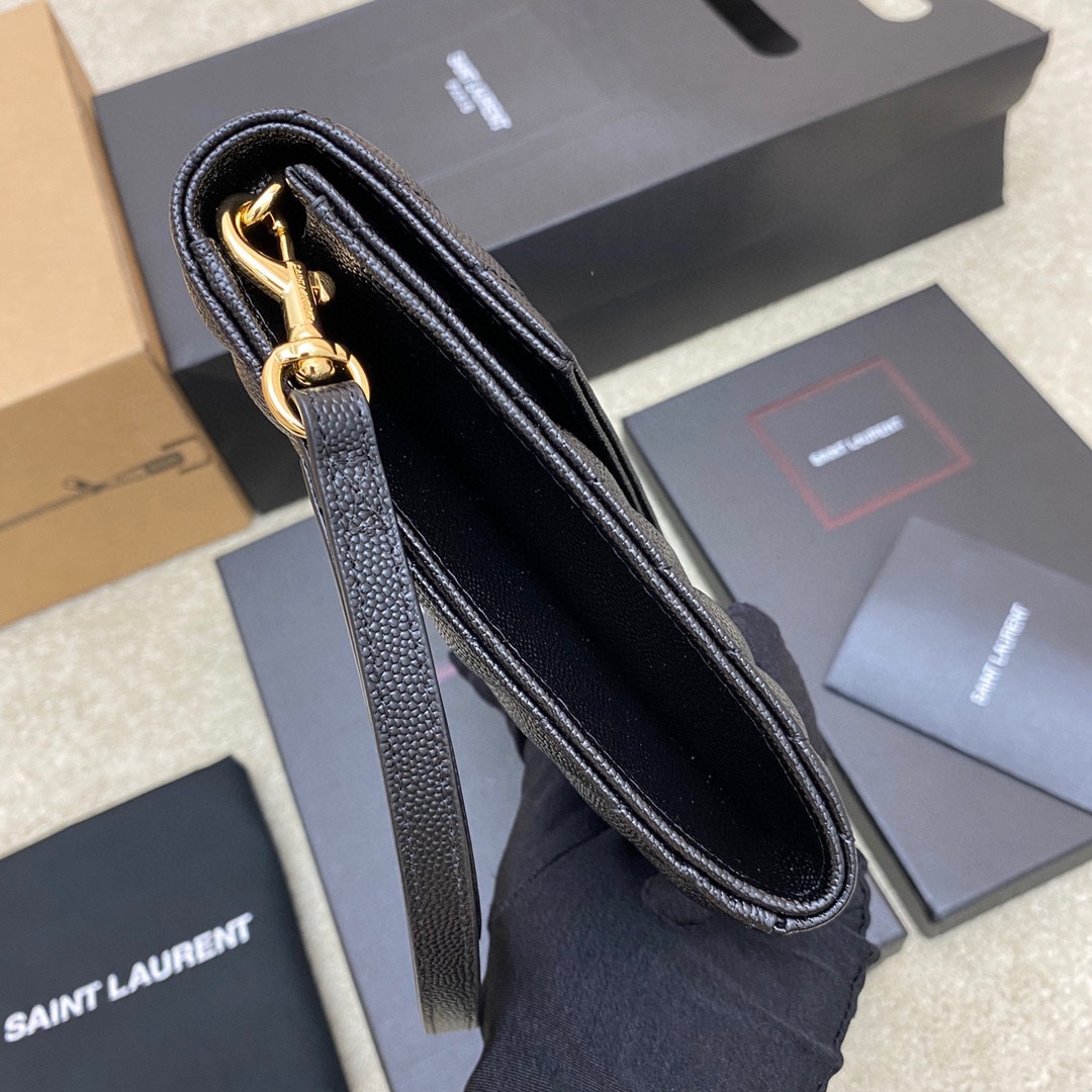 Bagsaaa Y51 Cassandre Matelassé Flap Pouch In Grain De Poudre Leather Black - 21 x 16 x 3 CM