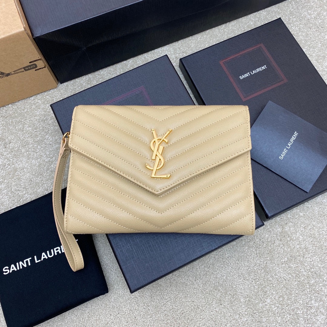 Bagsaaa Y51 Cassandre Matelassé Flap Pouch In Grain De Poudre Leather Beige - 21 x 16 x 3 CM