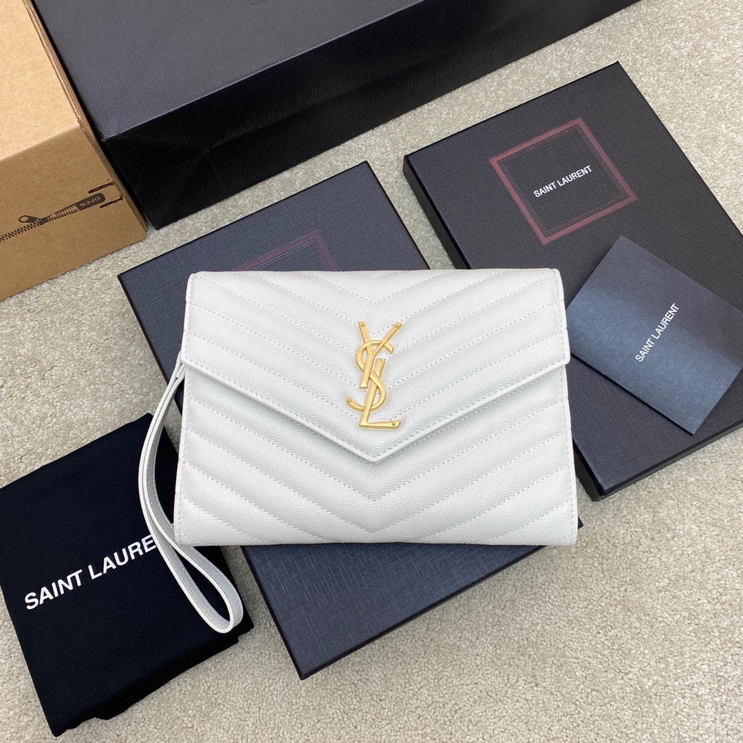 Bagsaaa Y51 Cassandre Matelassé Flap Pouch In Grain De Poudre Leather White - 21 x 16 x 3 CM