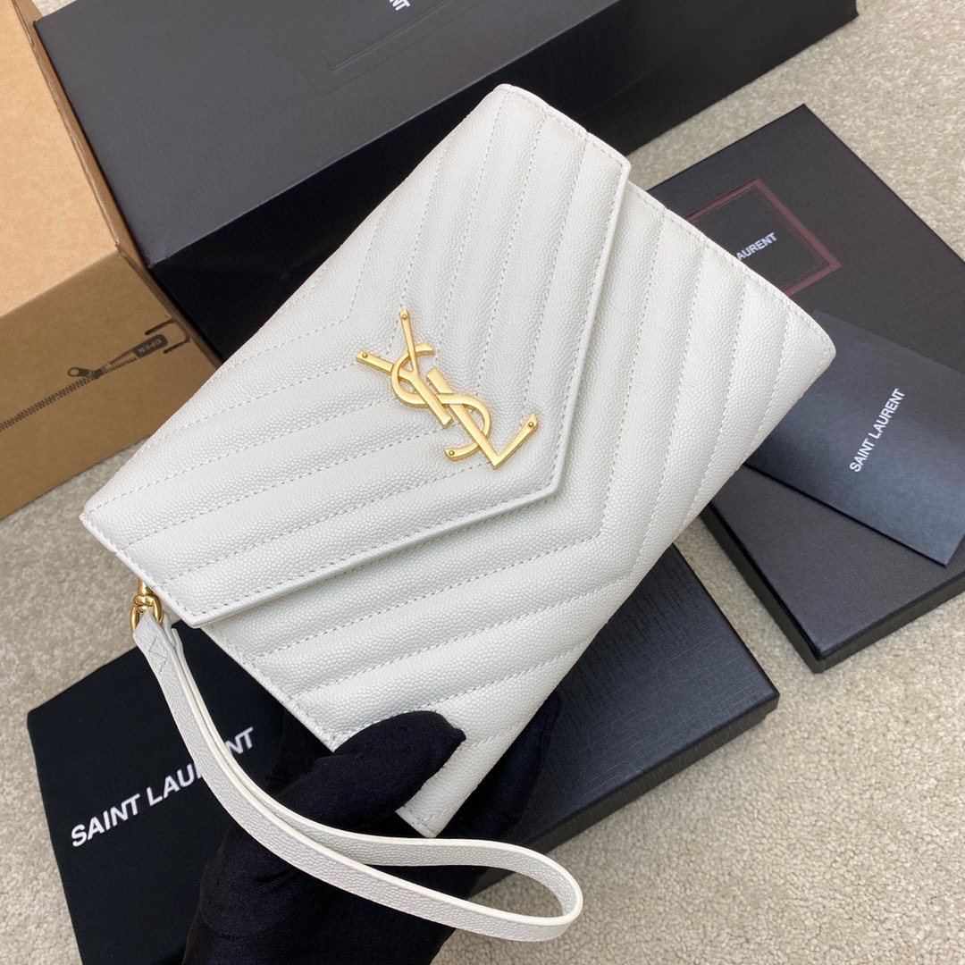 Bagsaaa Y51 Cassandre Matelassé Flap Pouch In Grain De Poudre Leather White - 21 x 16 x 3 CM