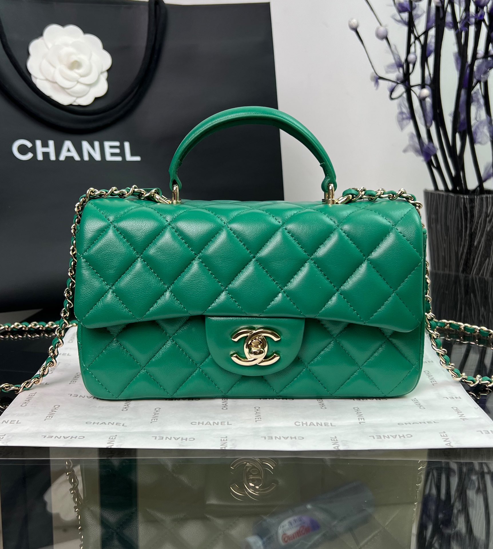 Bagsaaa Ch**el Mini Flap Bag With Handle Green - 20×14×7cm