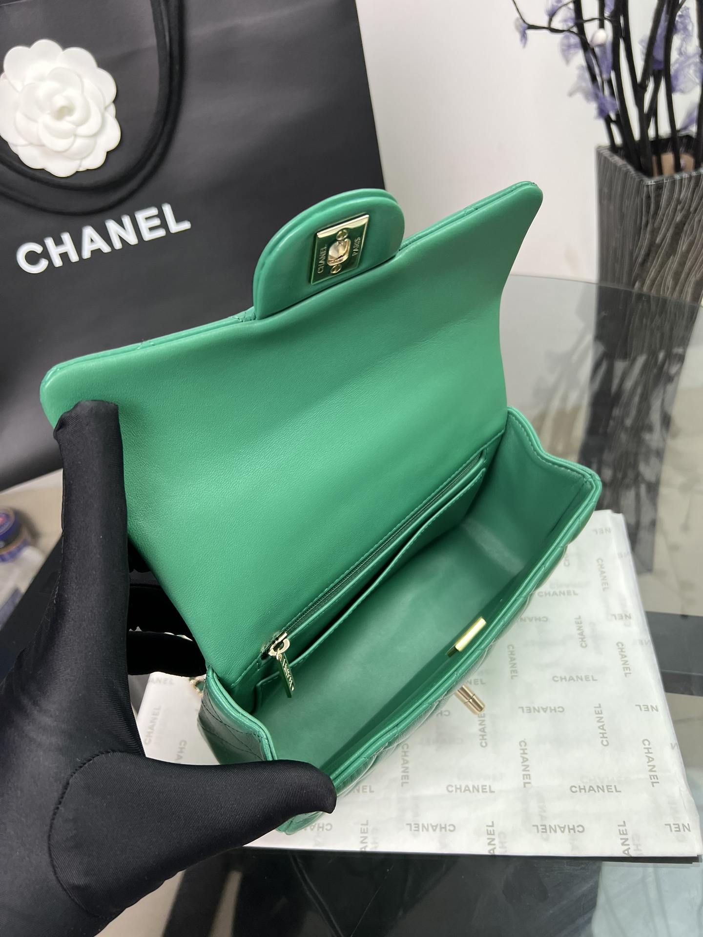 Bagsaaa Ch**el Mini Flap Bag With Handle Green - 20×14×7cm