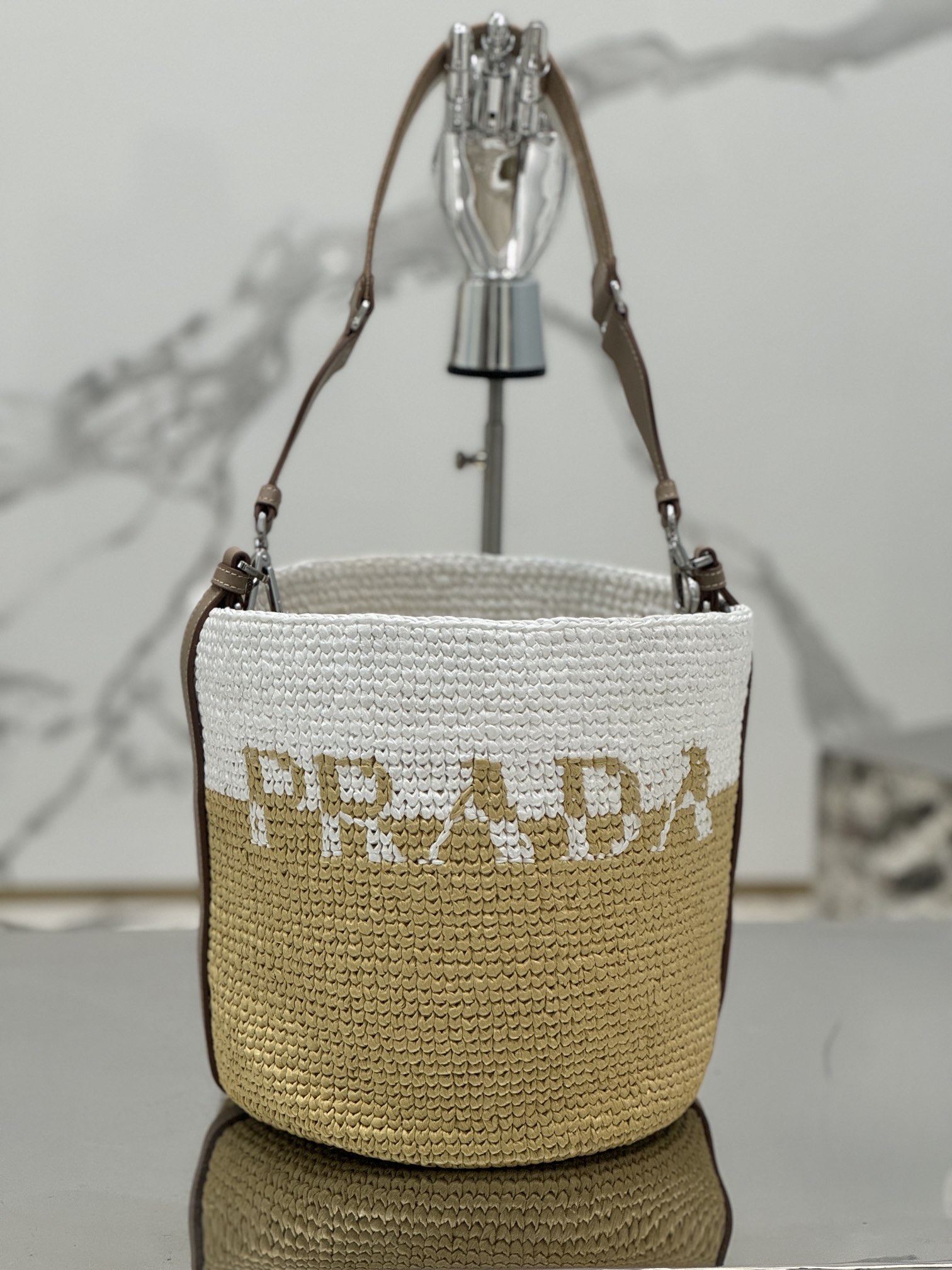 Bagsaaa Pra*a Crochet And Leather Mini Bucket Bag - 23×25×20cm