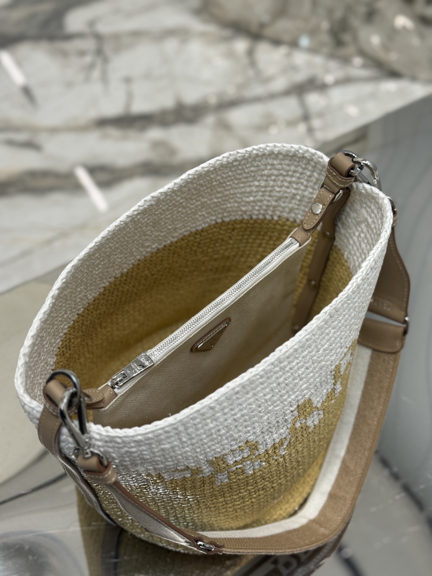 Bagsaaa Pra*a Crochet And Leather Mini Bucket Bag - 23×25×20cm