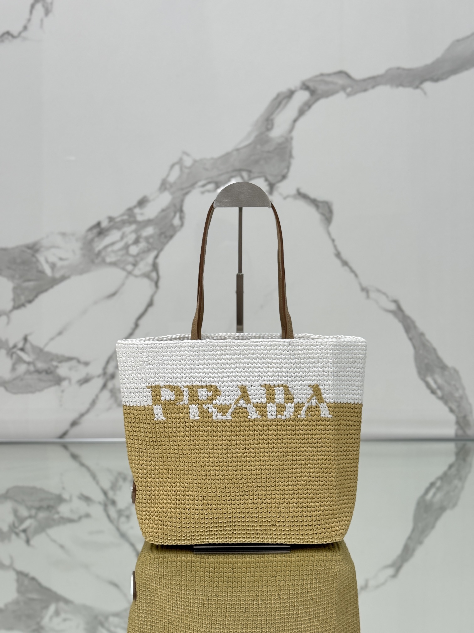 Bagsaaa Pra*a Logo Raffia Tote Bag - 27×26×10cm
