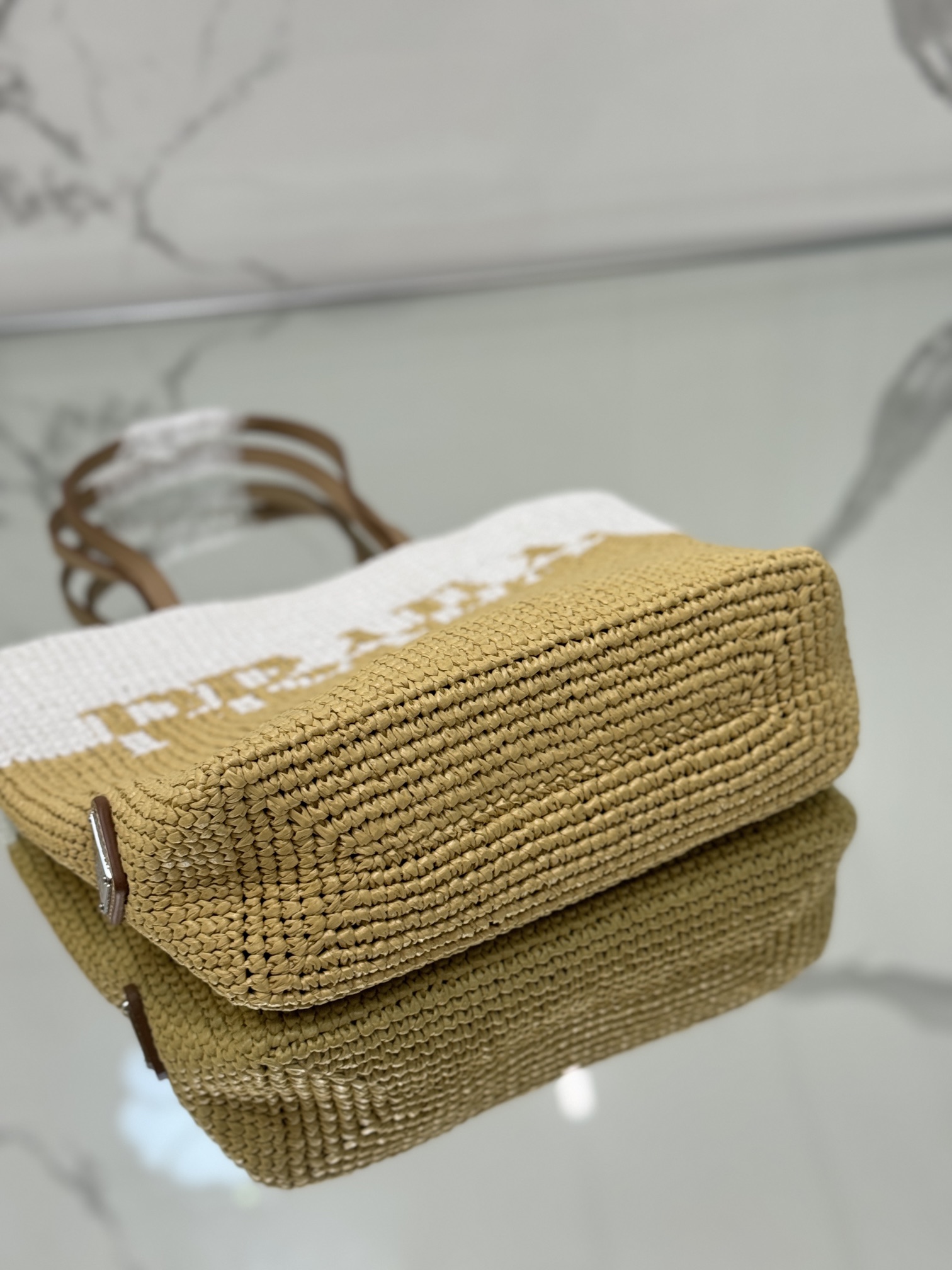 Bagsaaa Pra*a Logo Raffia Tote Bag - 27×26×10cm