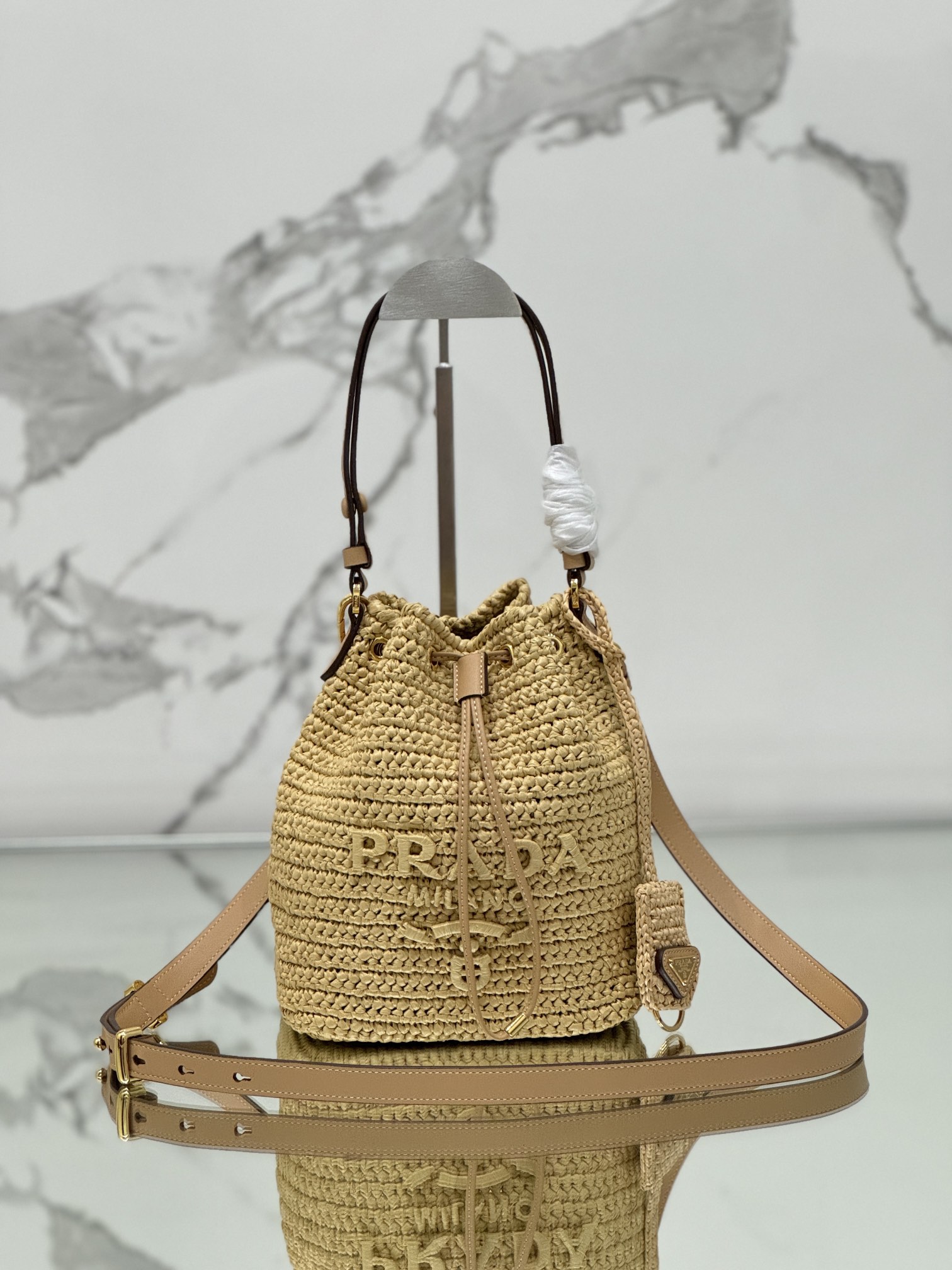 Bagsaaa Pra*a Crochet and leather mini-bucket bag - 19.5x15.5x10 cm