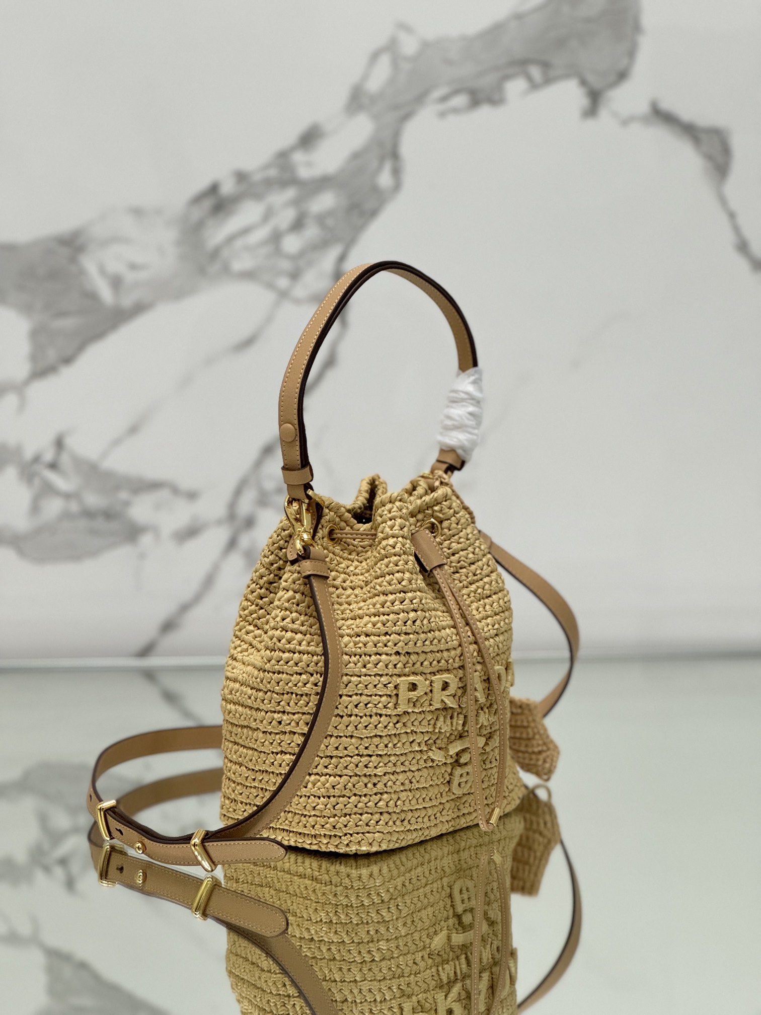 Bagsaaa Pra*a Crochet and leather mini-bucket bag - 19.5x15.5x10 cm