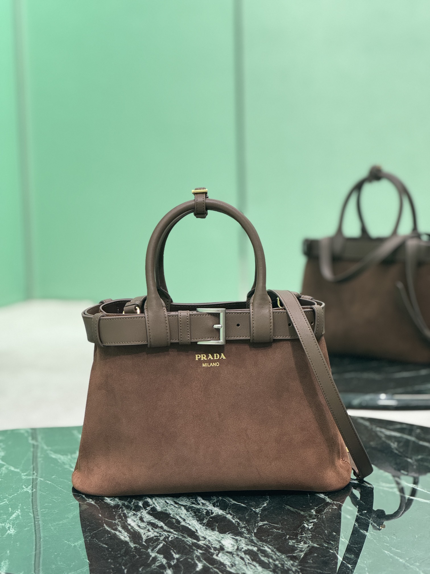 Bagsaaa Medium Pra*a Buckle suede bag with belt dark brown - 32Ｘ23Ｘ11CM