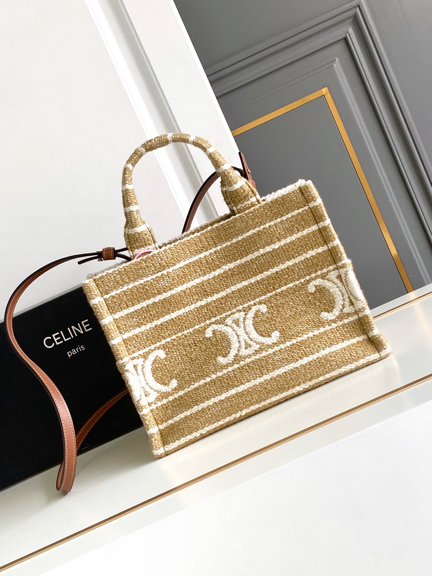 Bagsaaa Ce1i*e Small Cabas Thais In Striped Textile With Triomphe - 25.5 x 18.5 x 12 CM