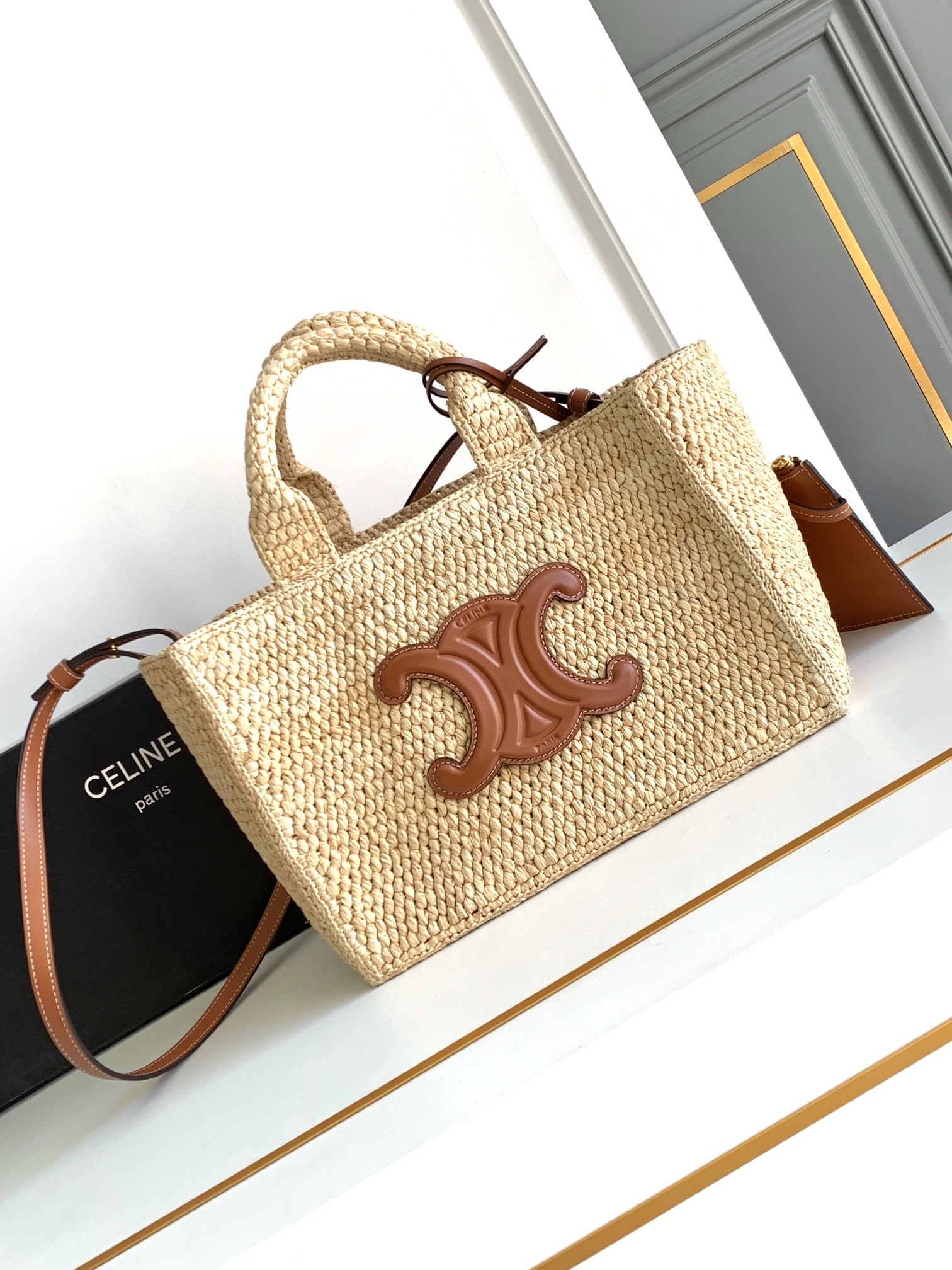 Bagsaaa Ce1i*e Small Cabas Thais In Raffia And Calfskin - 27 x 19 x 13 CM