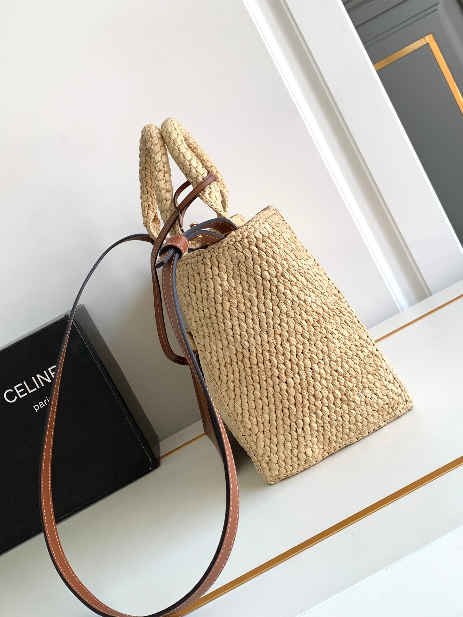 Bagsaaa Ce1i*e Small Cabas Thais In Raffia And Calfskin - 27 x 19 x 13 CM