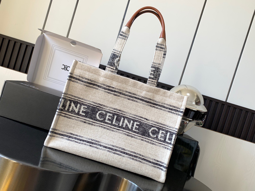 Bagsaaa Ce1i*e Large Cabas Thais In Striped Textile With Ce1i*e Jacquard Gray - 40 x 30 x 16 CM