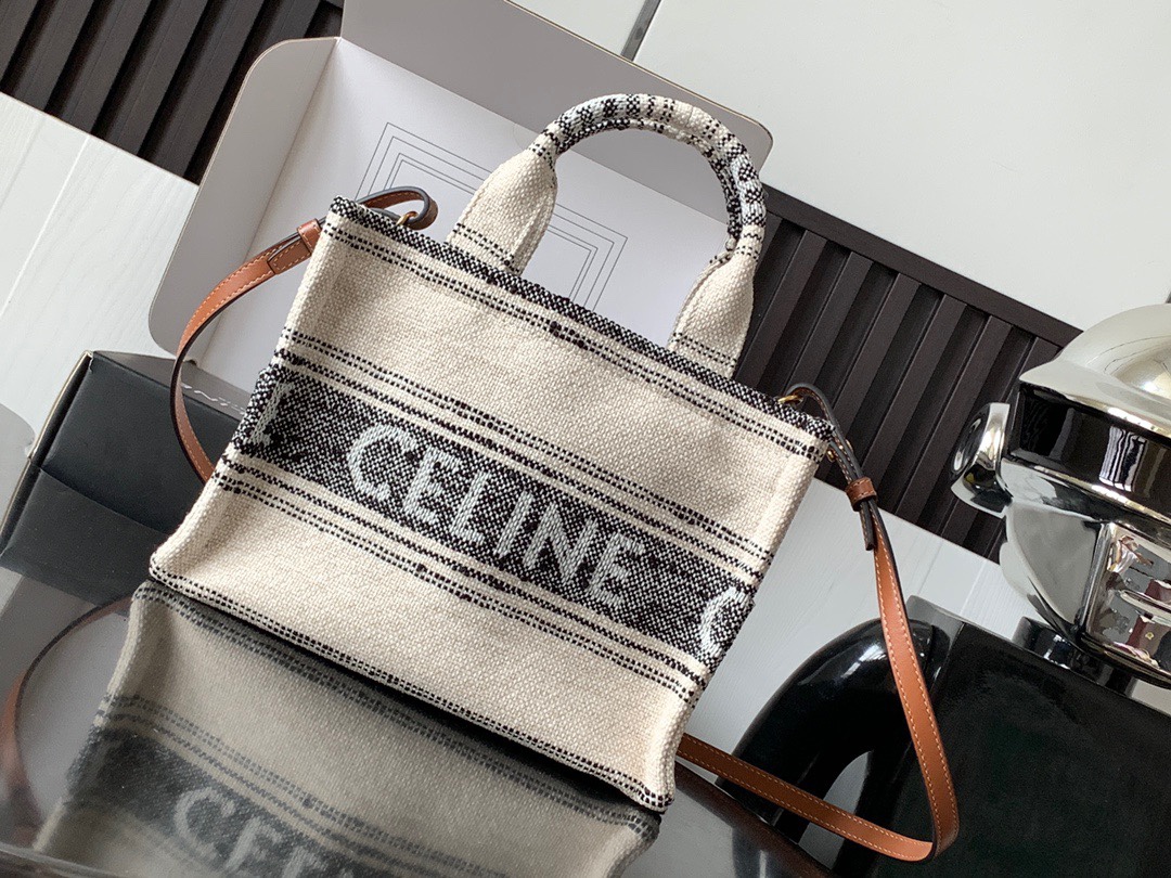 Bagsaaa Ce1i*e Small Cabas Thais In Striped Textile With Ce1i*e Jacquard White Black - 25.5 x 18.5 x 12 CM