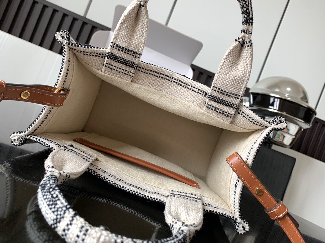 Bagsaaa Ce1i*e Small Cabas Thais In Striped Textile With Ce1i*e Jacquard White Black - 25.5 x 18.5 x 12 CM