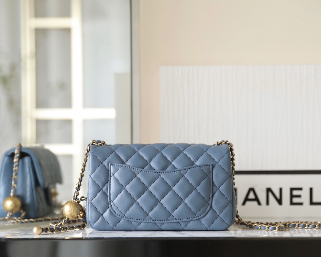 Bagsaaa Ch**el Blue Lambskin & Gold Adjustable Strap - 13x20x7 cm