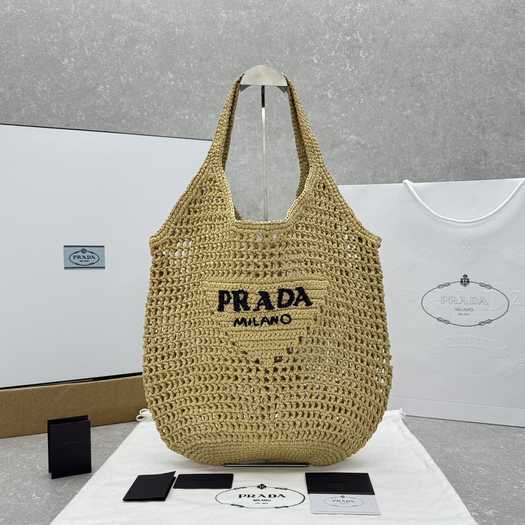 Bagsaaa Pra*a Natural Raffia Tote Bag With Logo Embroidery In Beige - 45x51cm
