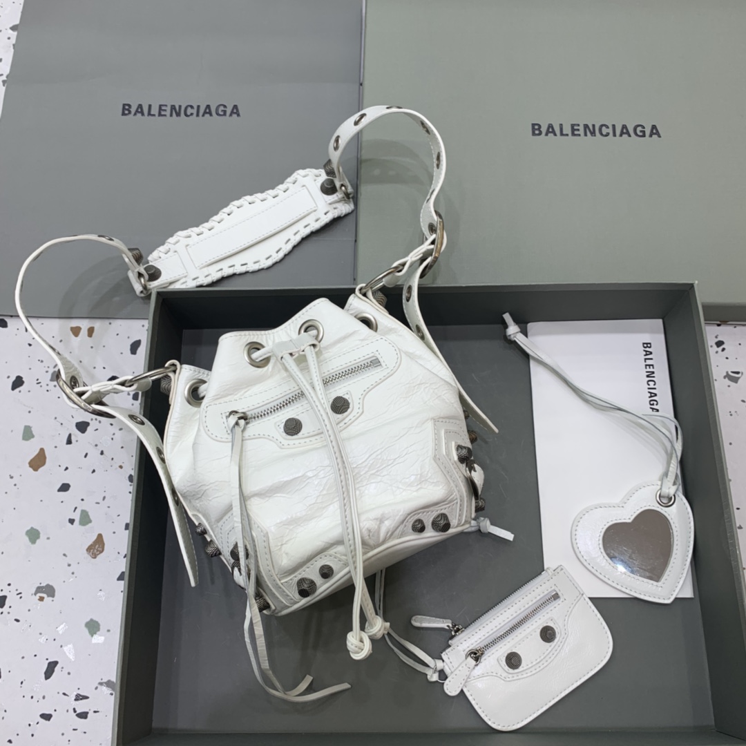 Bagsaaa Ba1en*iaga Le Cagole XS White Leather - 15x20x18cm