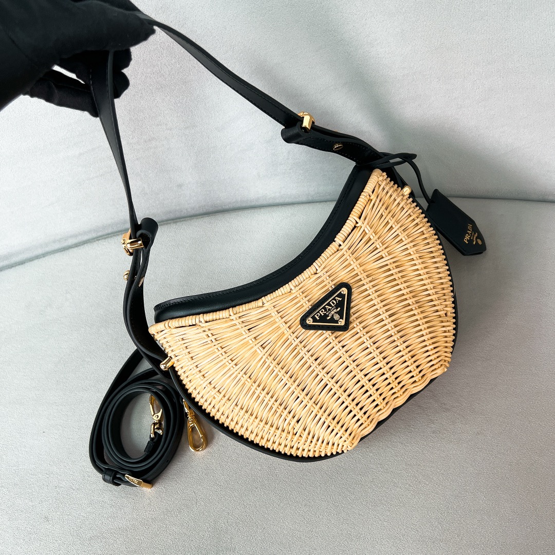 Bagsaaa Pra*a Wicker and leather Pra*a Arqué bag Black - 22.5*18.5*6cm