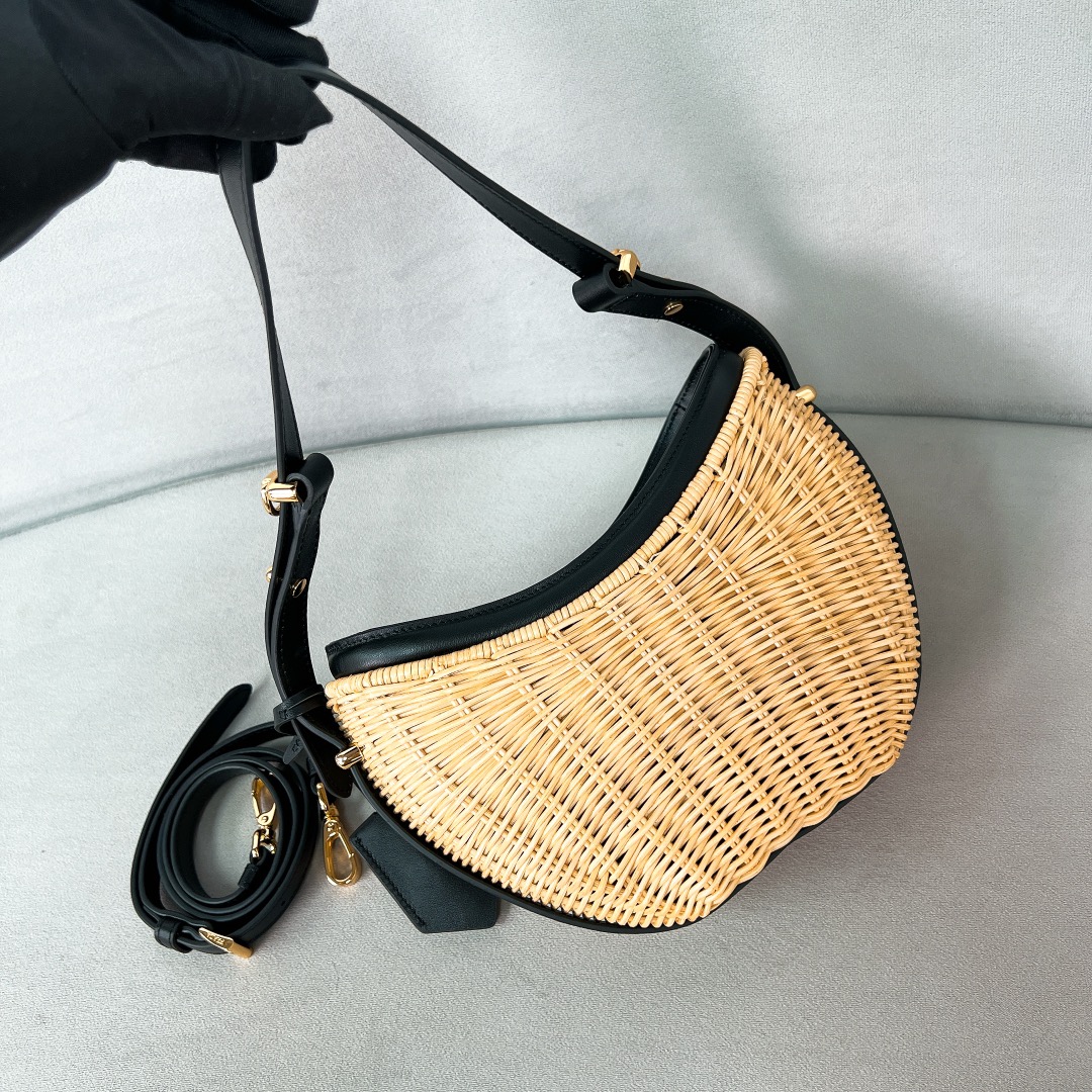 Bagsaaa Pra*a Wicker and leather Pra*a Arqué bag Black - 22.5*18.5*6cm