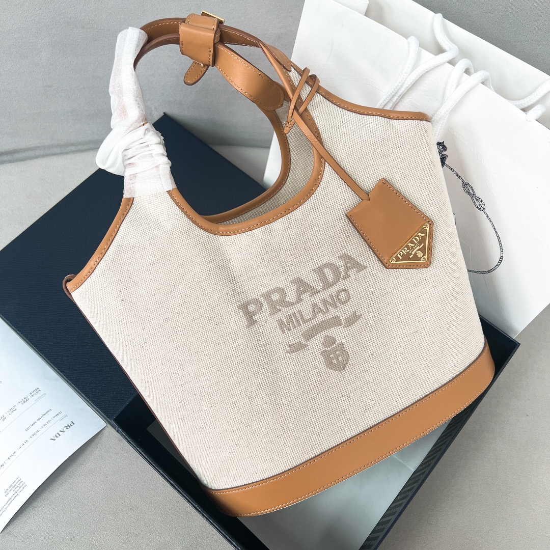 Bagsaaa Pra*a Medium linen blend and leather tote bag - 28*22.5*12.5cm