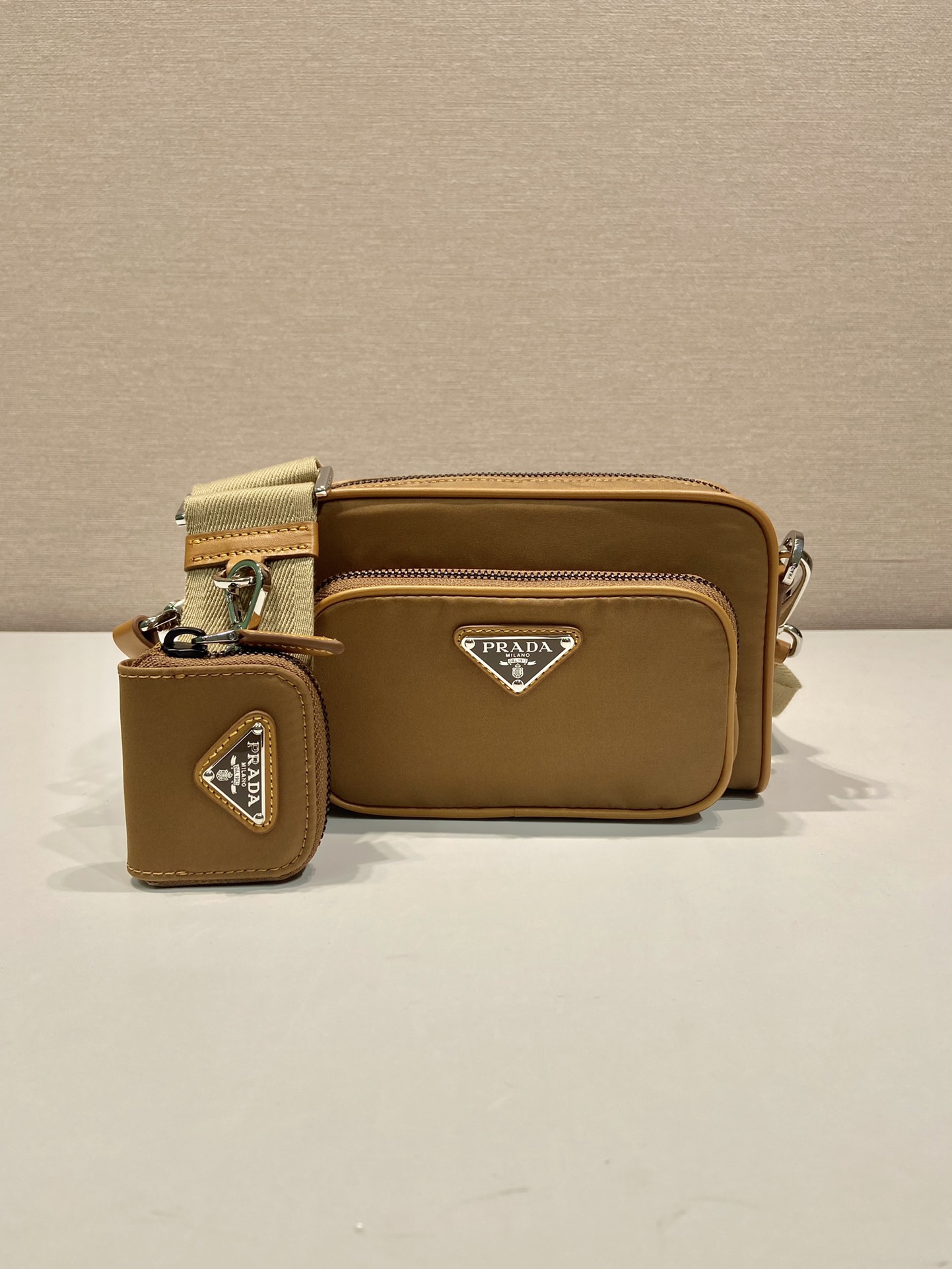 Bagsaaa Pra*a Re-Nylon And Brushed Leather Shoulder Bag Brown - 18x11.5x5cm