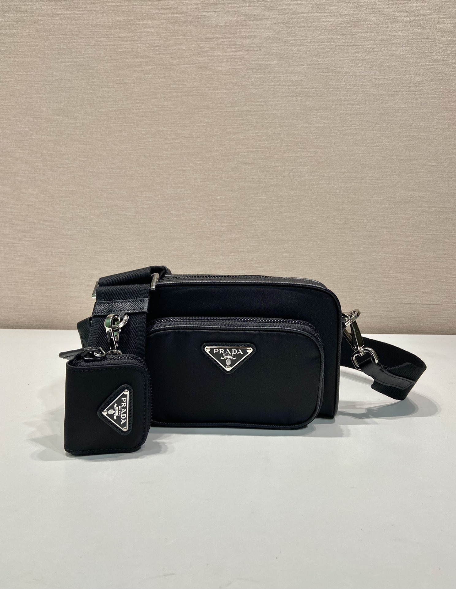 Bagsaaa Pra*a Re-Nylon And Brushed Leather Shoulder Bag Black - 18x11.5x5cm