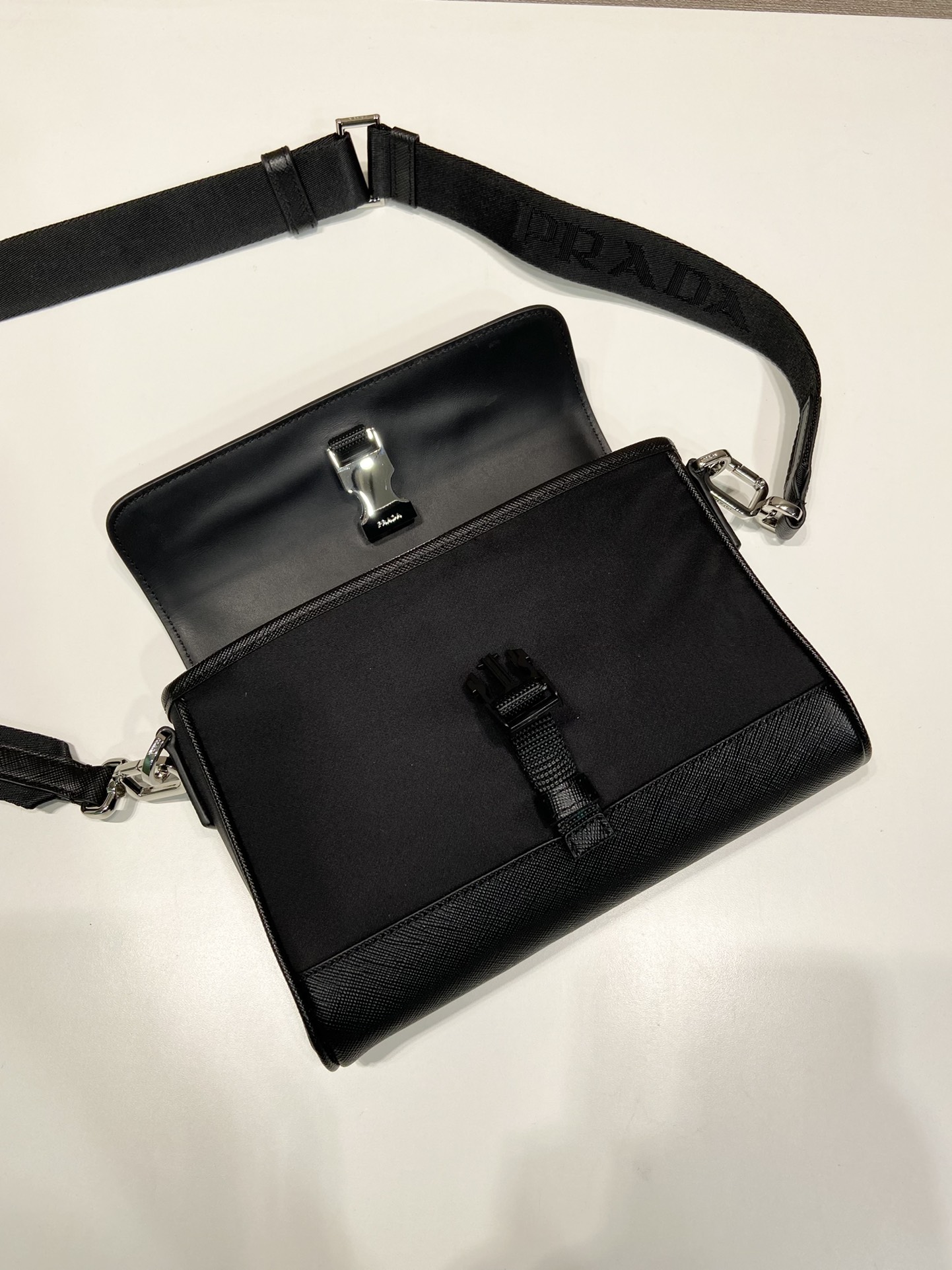 Bagsaaa Pra*a Re-Nylon And Leather Shoulder Bag Black - 20x15.5x4cm