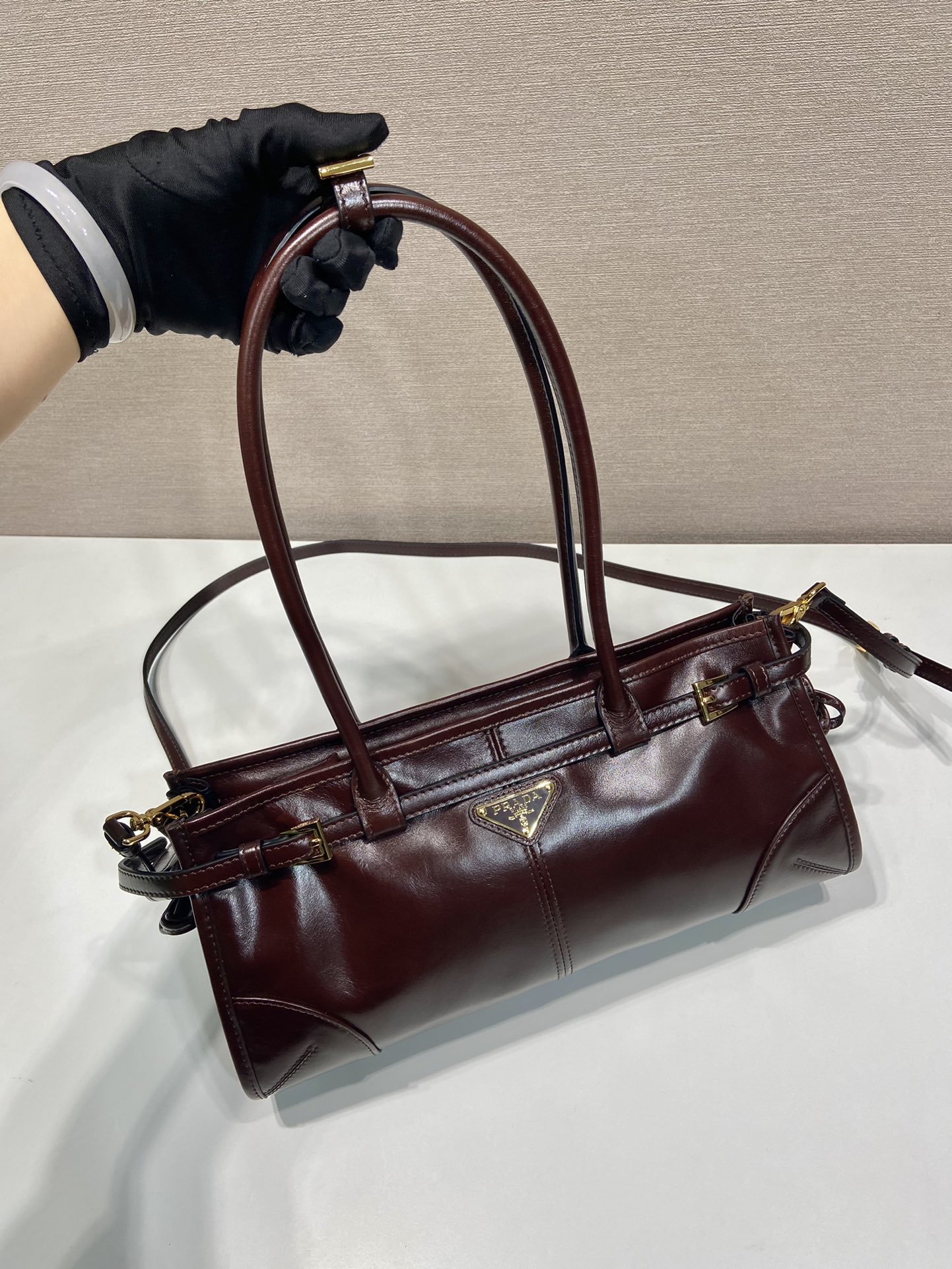 Bagsaaa Pra*a Medium leather handbag dark brown 1BA426 - 32x15.5x2cm